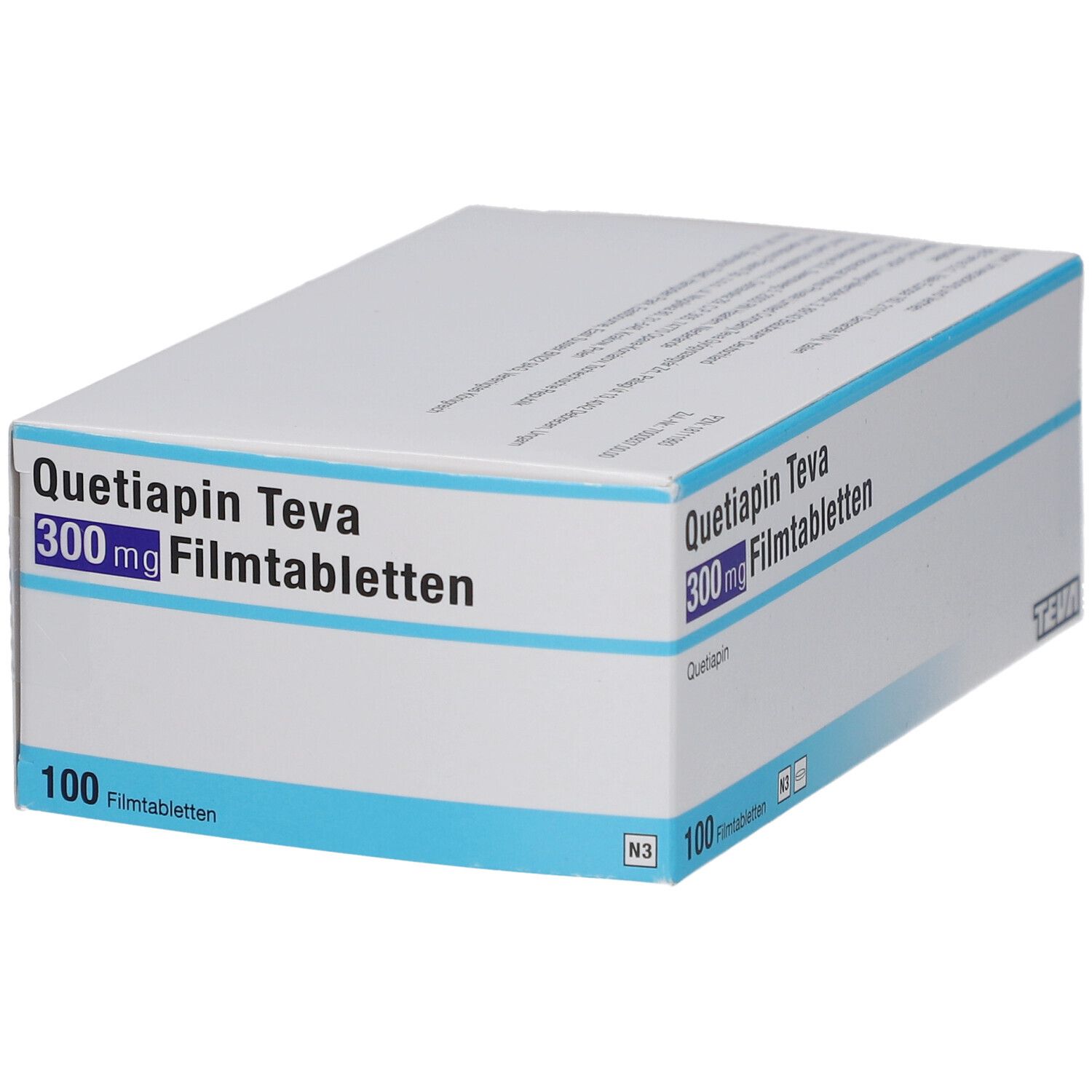 Schachtel Quetiapin Teva 300 mg Filmtabletten. Weiße Verpackung mit blauen Akzenten. 100 Tabletten. Teva-Logo.