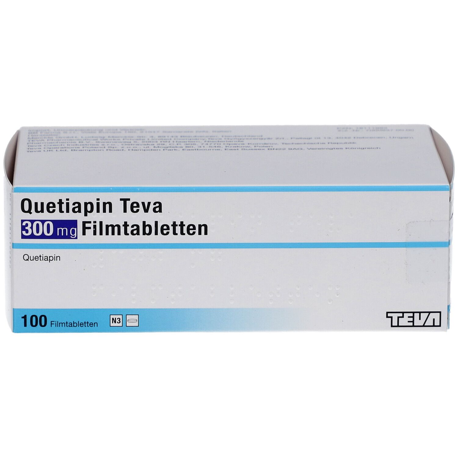 Schachtel Quetiapin Teva 300 mg Filmtabletten. Weiße Verpackung mit blauen Akzenten. 100 Tabletten. Teva-Logo.