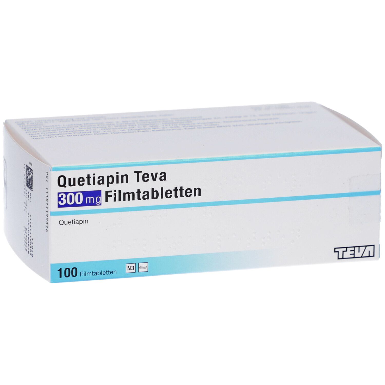 Schachtel Quetiapin Teva 300 mg Filmtabletten. Weiße Verpackung mit blauen Akzenten. 100 Tabletten. Teva-Logo.