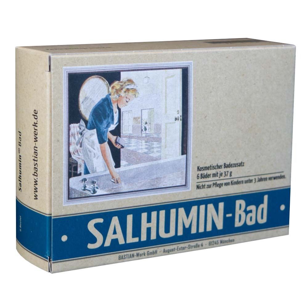 Kartonverpackung mit SALHUMIN-Bad-Schriftzug. Abbildung einer Frau am Waschbecken. Text: Kosmetischer Badezusatz, 6 Bäder mit je 37 g.
