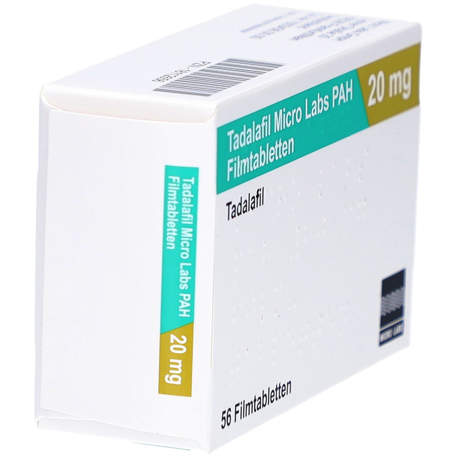 Schachtel "Tadalafil Micro Labs PAH 20 mg Filmtabletten". Seitenansicht. Grün-gelbe Schrift auf weißem Hintergrund. Logo Micro Labs.