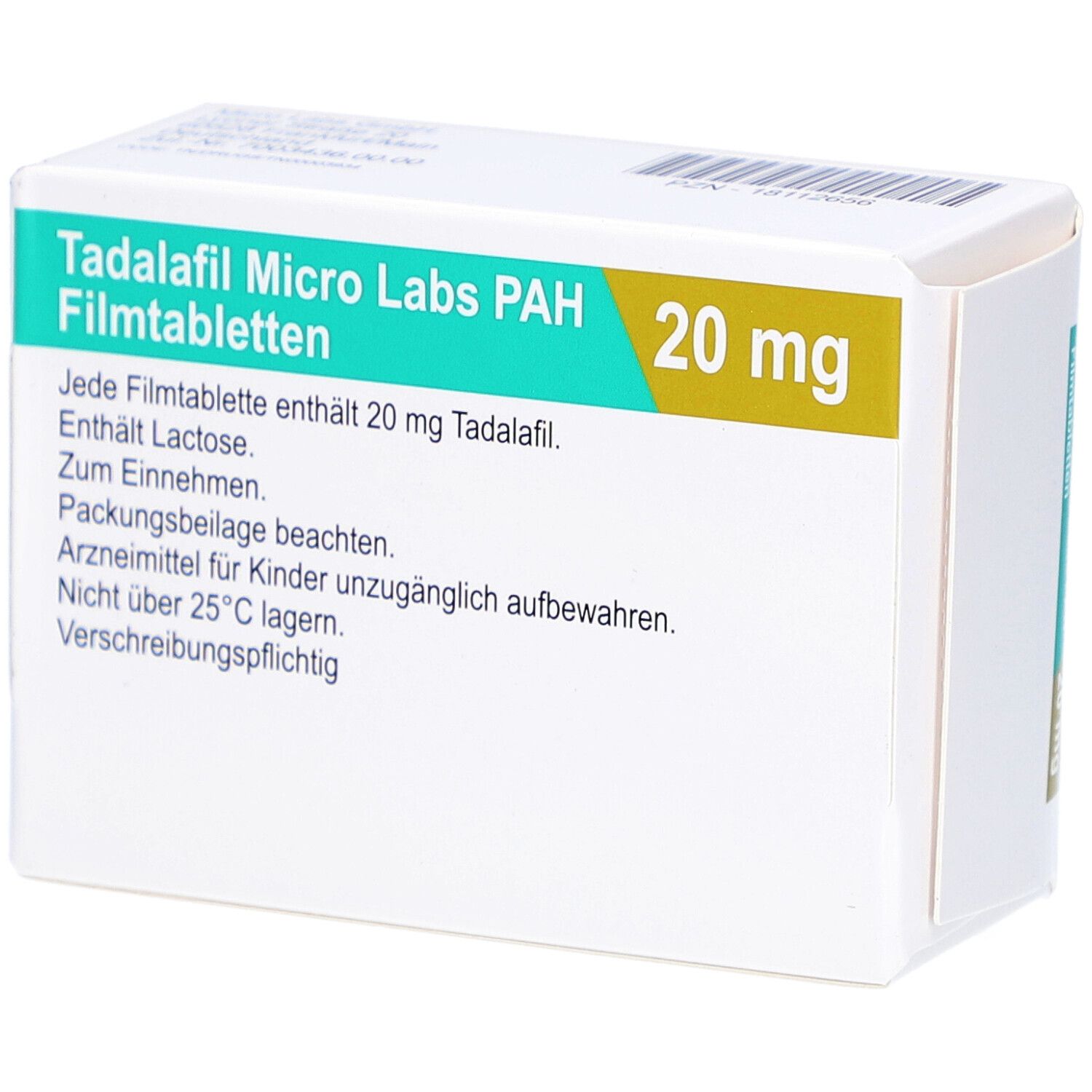 Schachtel "Tadalafil Micro Labs PAH 20 mg Filmtabletten". Rückseite mit Text. Grün-gelbe Schrift auf weißem Hintergrund.