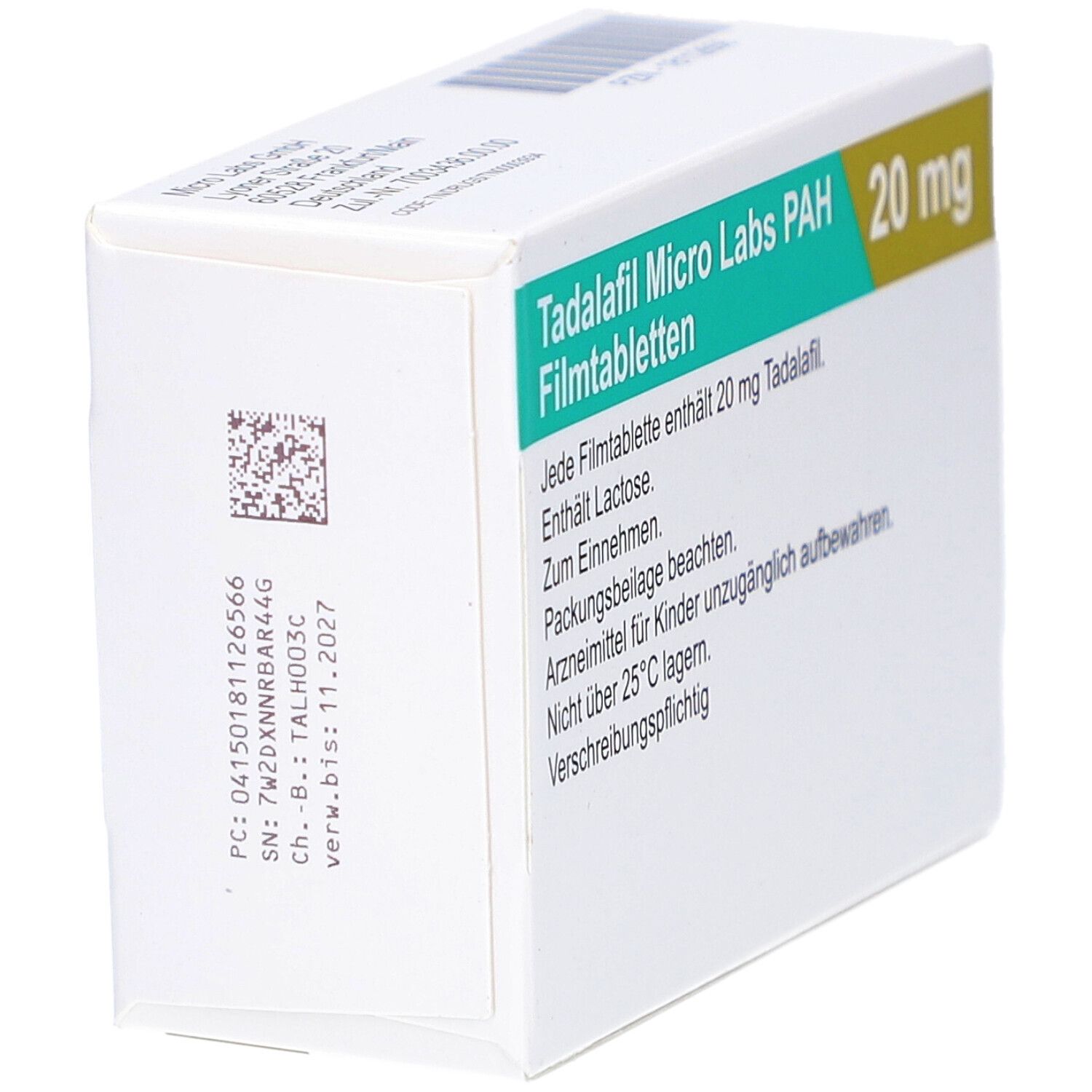 Schachtel "Tadalafil Micro Labs PAH 20 mg Filmtabletten". Rückseite mit Text und Barcode. Grün-gelbe Schrift.