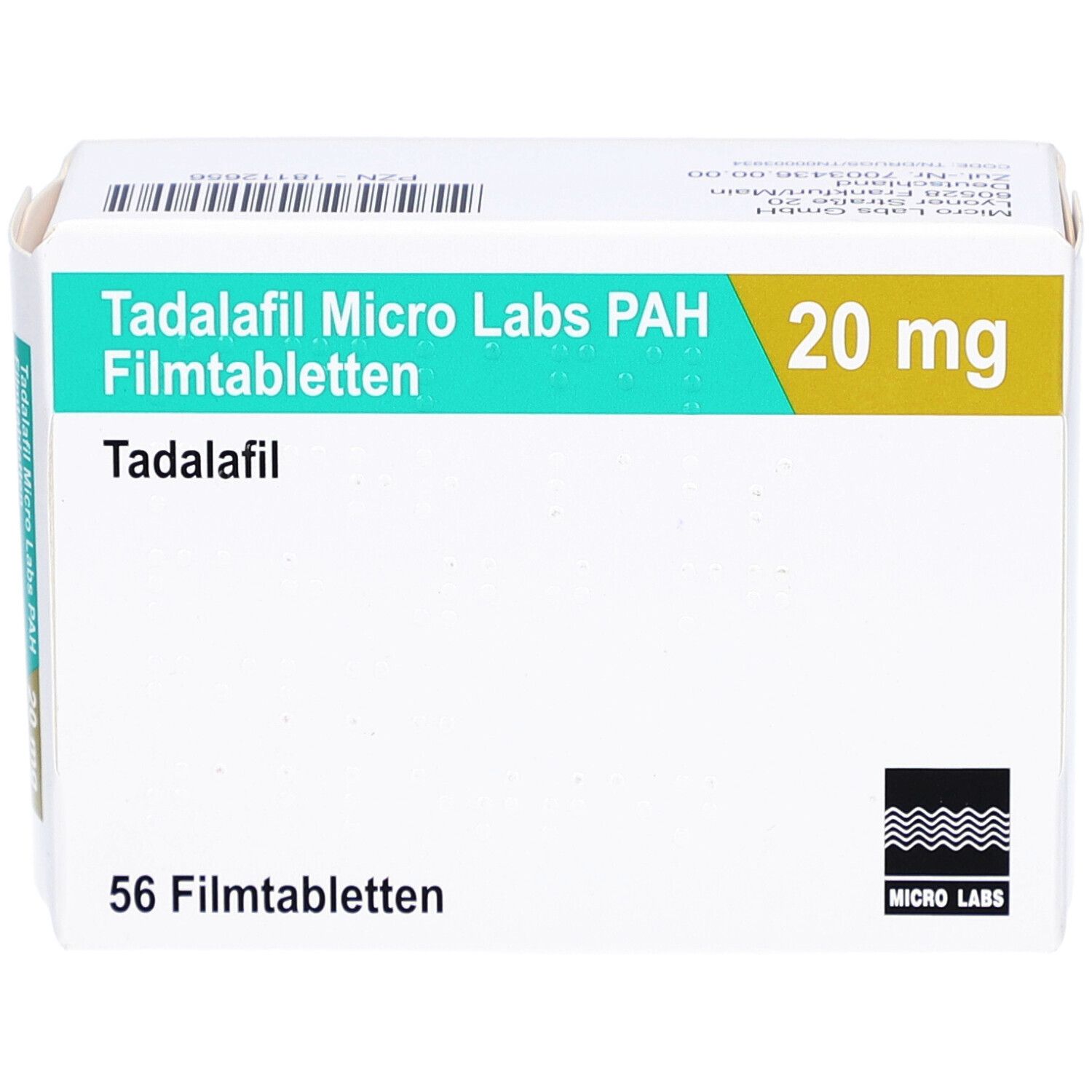 Schachtel "Tadalafil Micro Labs PAH 20 mg Filmtabletten". 56 Tabletten. Grün-gelbe Schrift auf weißem Hintergrund. Logo Micro Labs.
