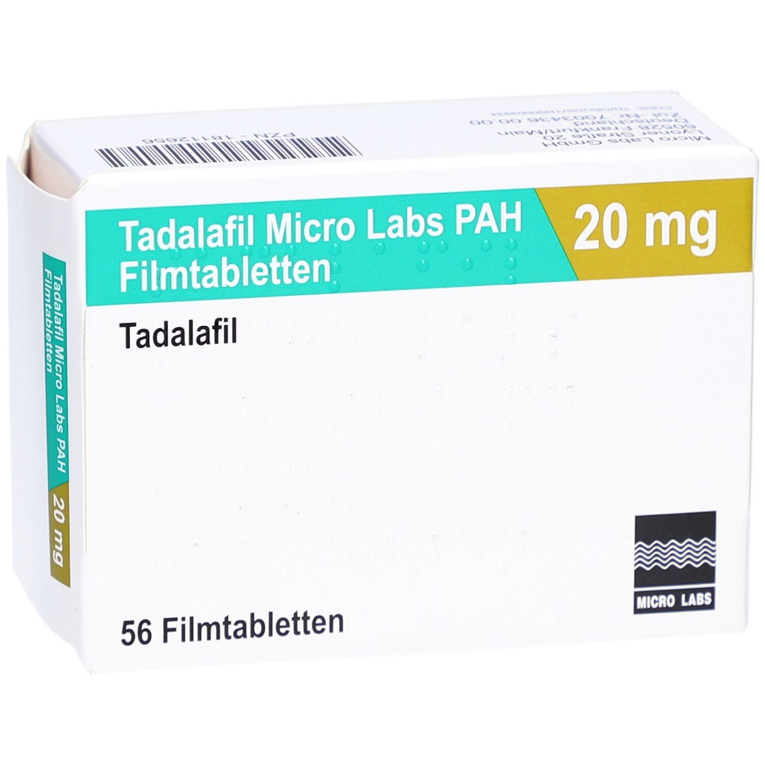 Schachtel "Tadalafil Micro Labs PAH 20 mg Filmtabletten". 56 Tabletten. Grün-gelbe Schrift auf weißem Hintergrund. Logo Micro Labs.