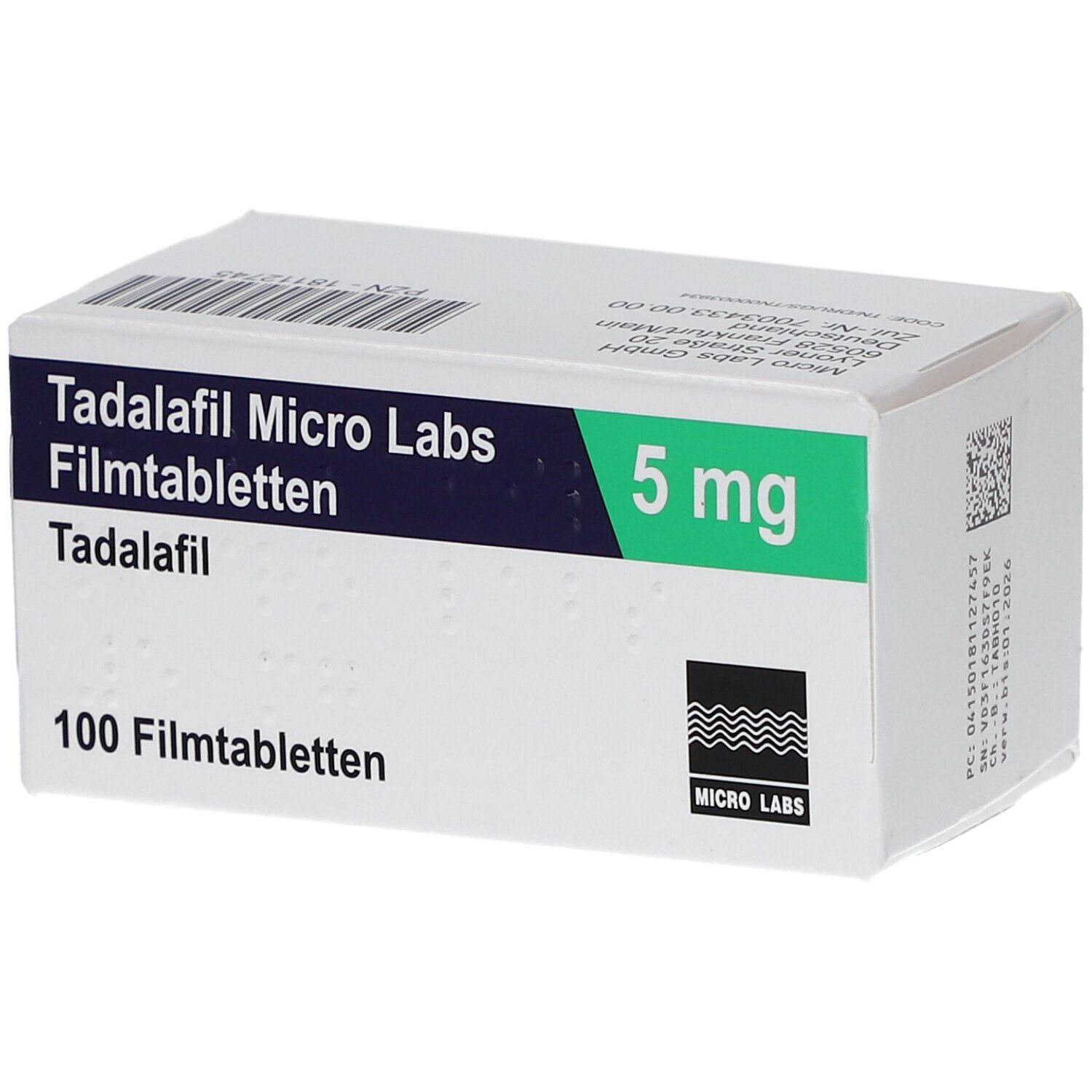 Schachtel mit "Tadalafil Micro Labs 5 mg Filmtabletten". Blaue und grüne Akzente. 100 Filmtabletten. Logo Micro Labs.