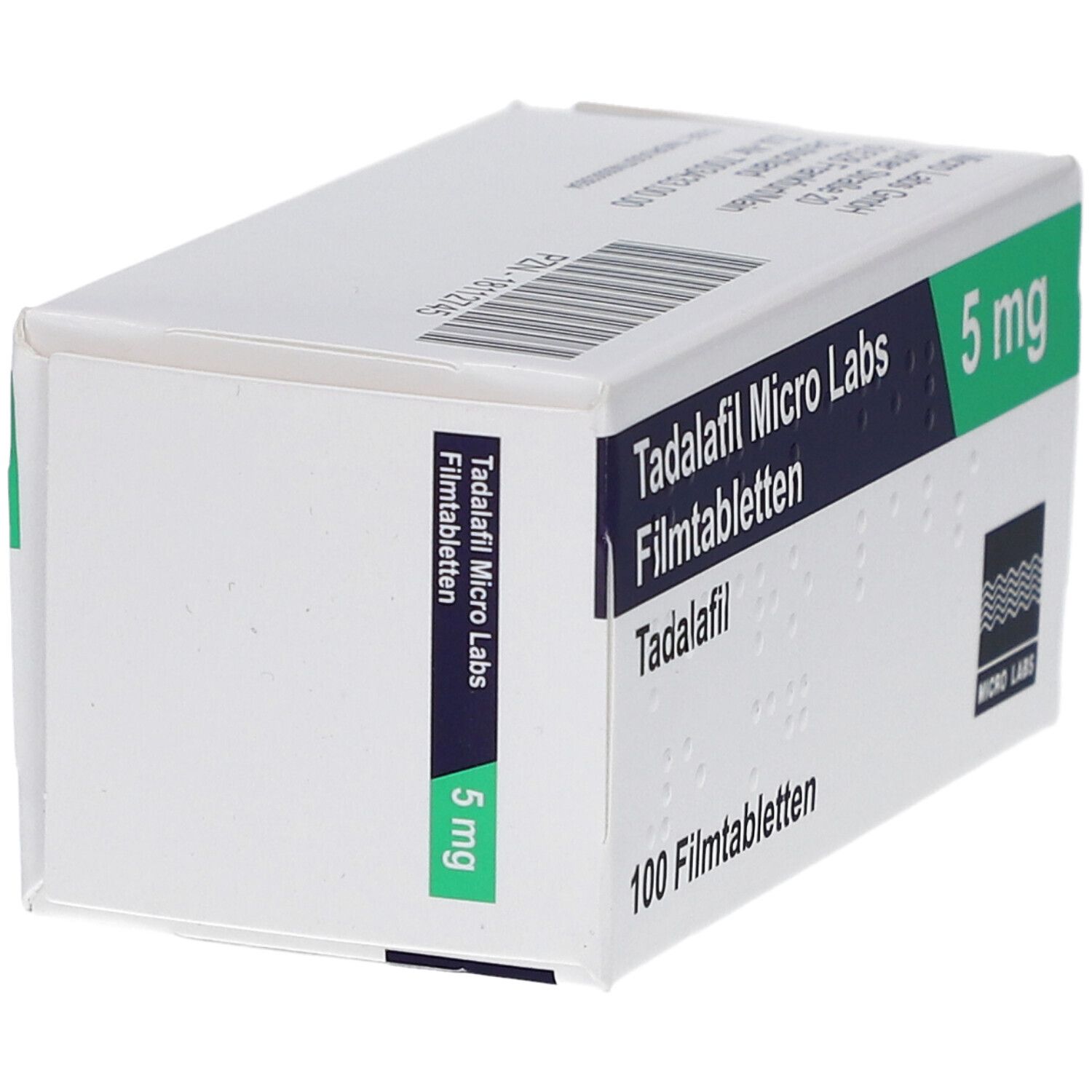 Schachtel "Tadalafil Micro Labs 5 mg Filmtabletten". Blaue und grüne Akzente. Seitenansicht. Logo Micro Labs.