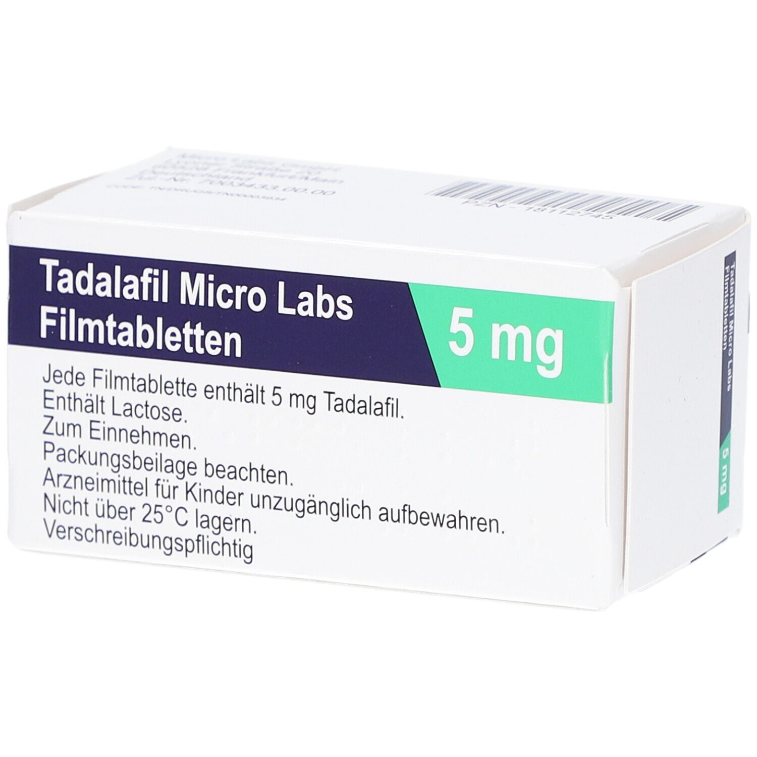 Schachtel "Tadalafil Micro Labs 5 mg Filmtabletten". Text in Deutsch. Enthält Lactose. Packungsbeilage beachten.
