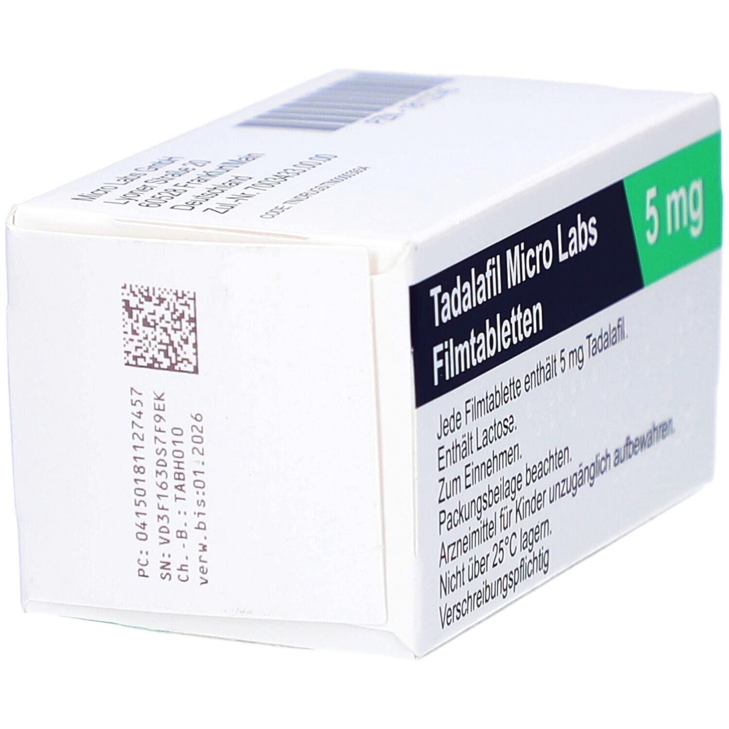 Schachtel "Tadalafil Micro Labs 5 mg Filmtabletten". Text in Deutsch. QR-Code und Chargennummer. Grüne Akzente.