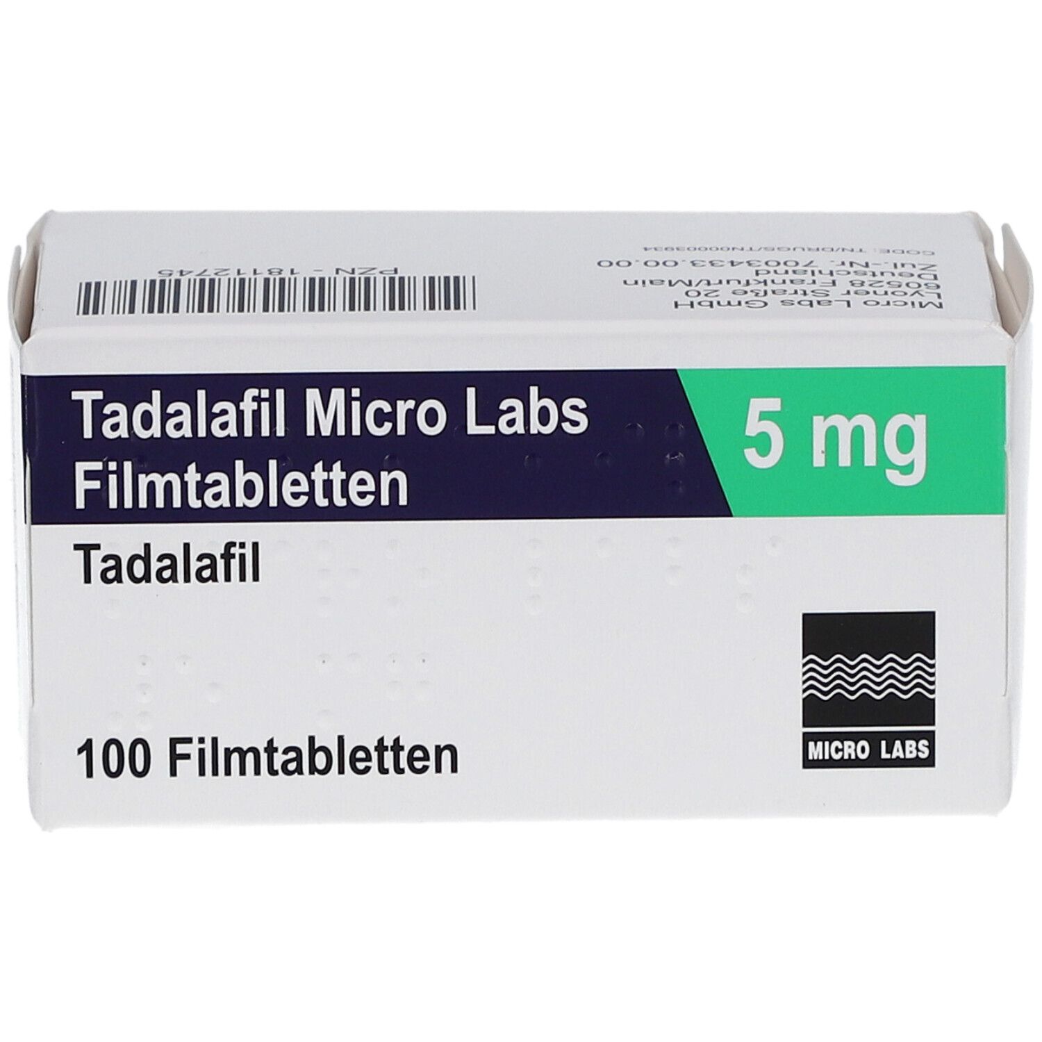 Schachtel "Tadalafil Micro Labs 5 mg Filmtabletten". Blaue und grüne Akzente. 100 Filmtabletten. Logo Micro Labs.