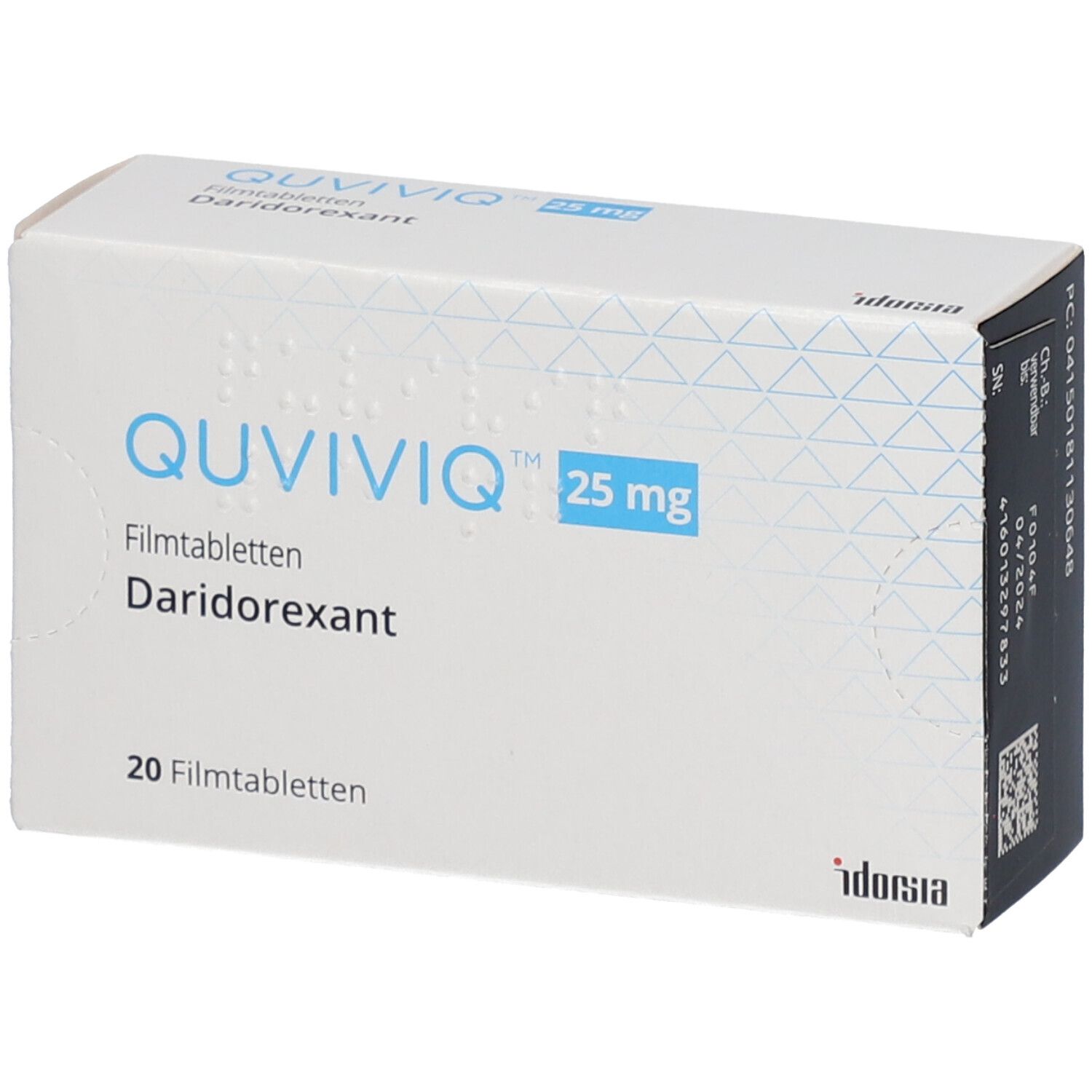 Schachtel mit QUVIVIQ 25 mg Filmtabletten. Aufschrift: Daridorexant, 20 Filmtabletten. Hersteller: Idorsia.