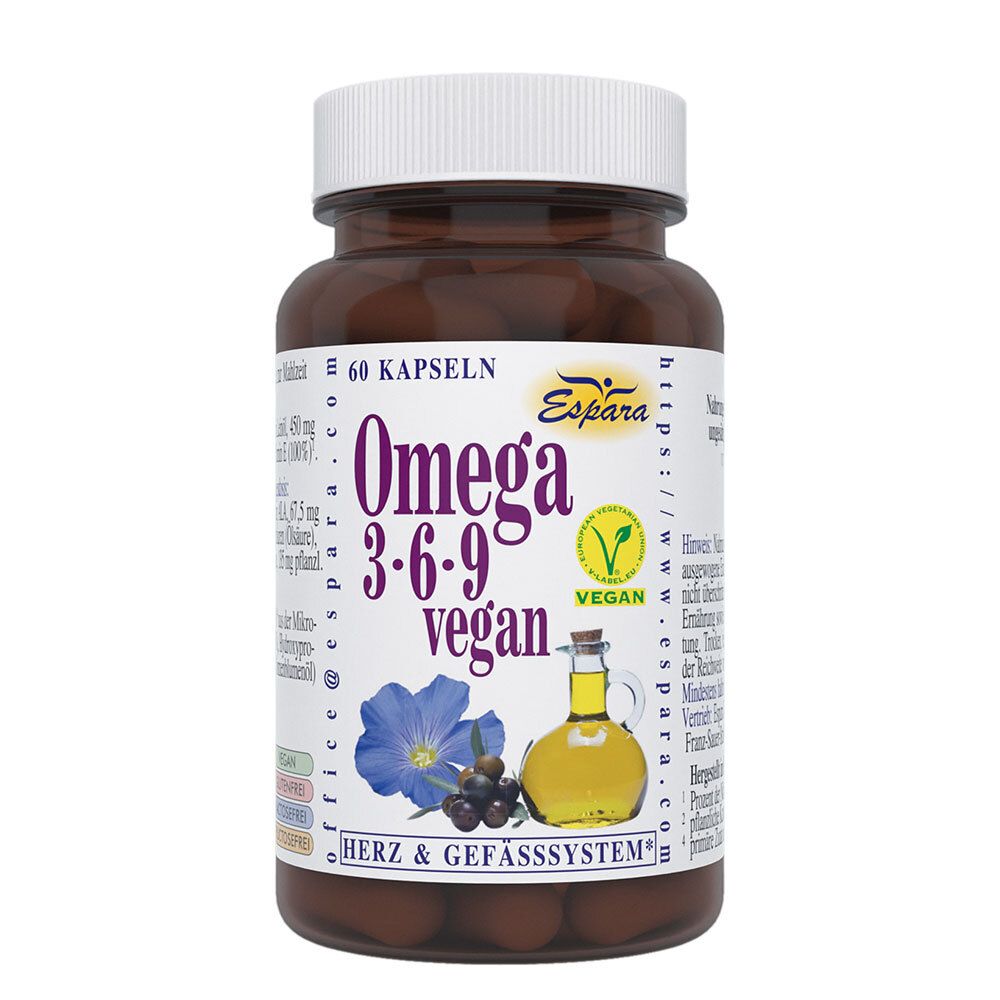 Braune Kapseln in einer Flasche. Aufschrift: Omega 3-6-9 vegan. Mit Logo und Blumen-Illustration.