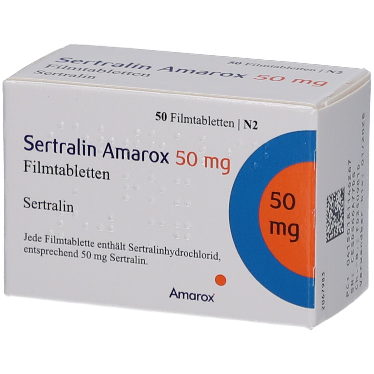 Weiße Schachtel mit Aufschrift SERTRALIN Amarox 50 mg Filmtabletten. Blaue Kreise mit 50 mg. 50 Filmtabletten.