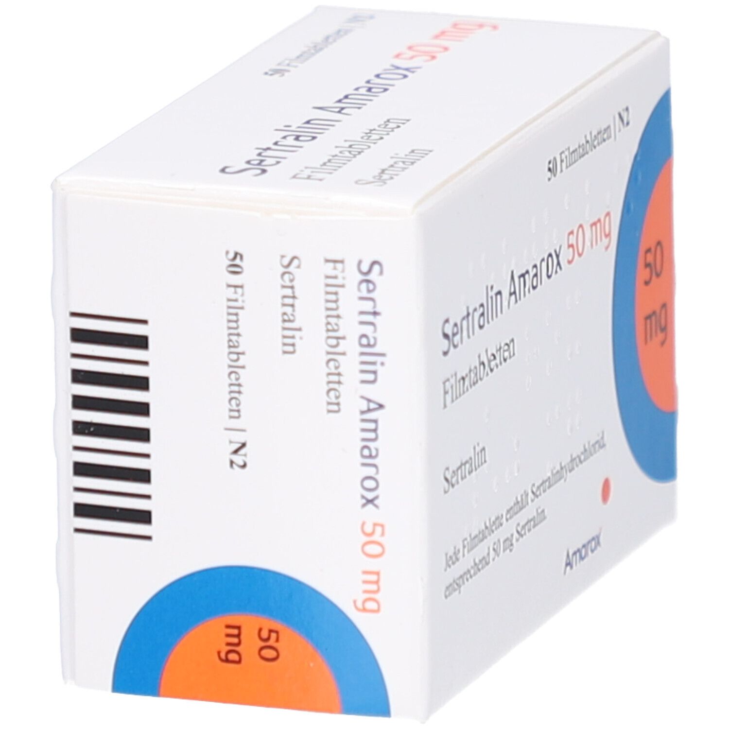 Weiße Schachtel mit Aufschrift SERTRALIN Amarox 50 mg Filmtabletten. Blaue Kreise mit 50 mg. 50 Filmtabletten.