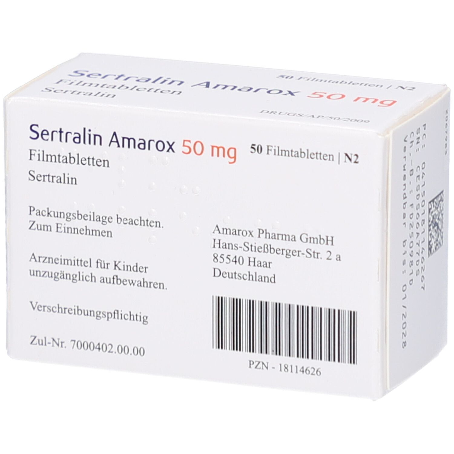 Weiße Schachtel mit Aufschrift SERTRALIN Amarox 50 mg Filmtabletten. Text und Barcode auf der Seite. 50 Filmtabletten.