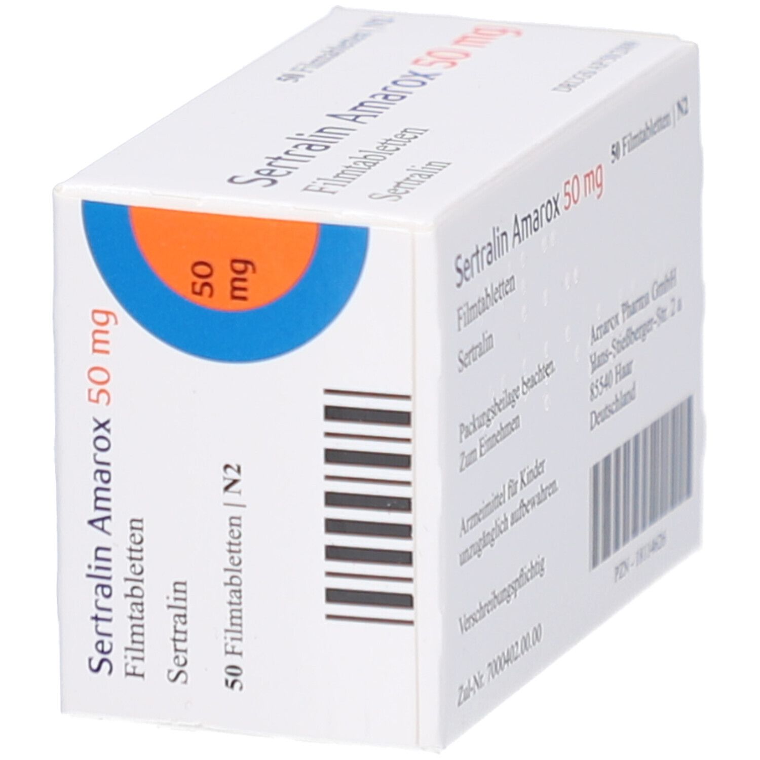 Weiße Schachtel mit Aufschrift SERTRALIN Amarox 50 mg Filmtabletten. Oranger Kreis mit 50 mg. 50 Filmtabletten.