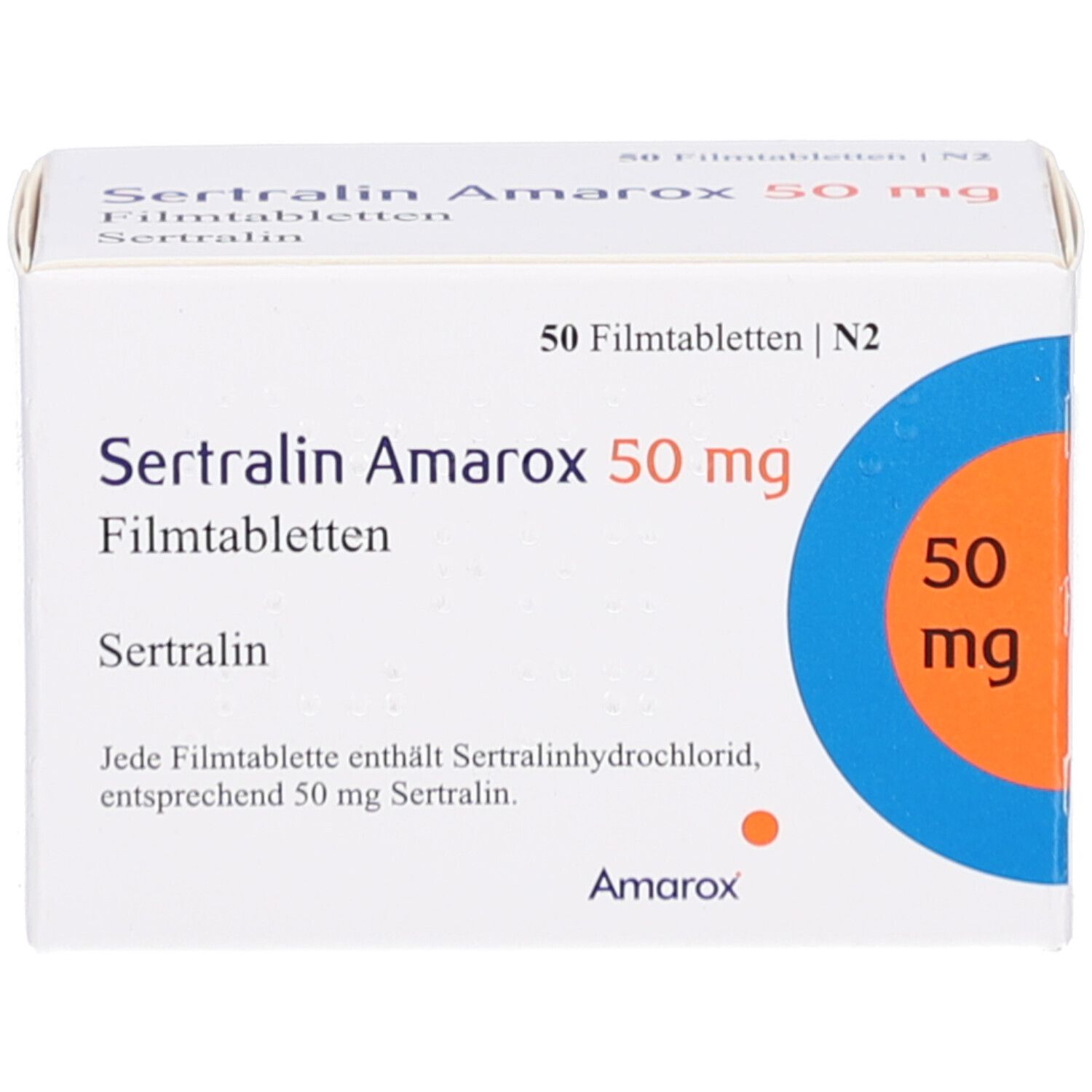 Weiße Schachtel mit Aufschrift SERTRALIN Amarox 50 mg Filmtabletten. Blauer Kreis mit 50 mg. 50 Filmtabletten.