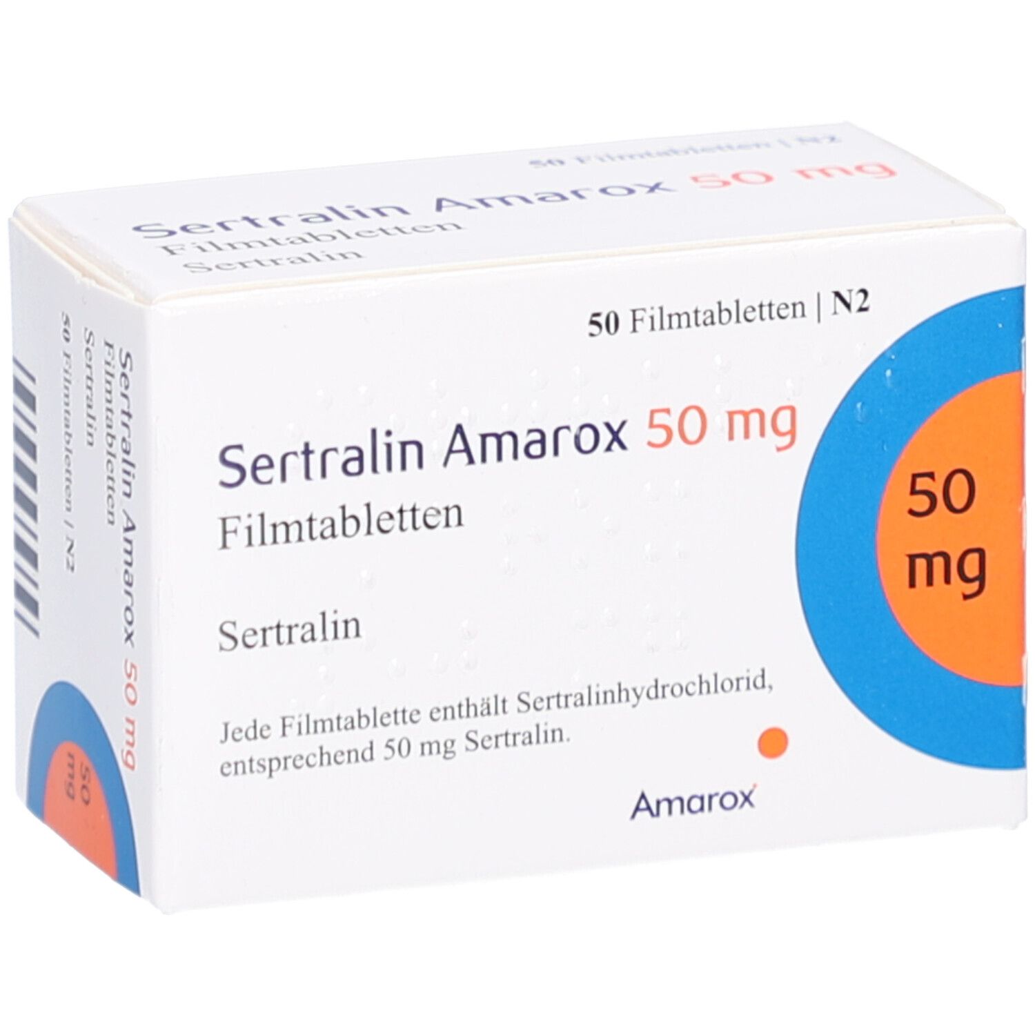 Weiße Schachtel mit Aufschrift SERTRALIN Amarox 50 mg Filmtabletten. Oranger Kreis mit 50 mg. 50 Filmtabletten.