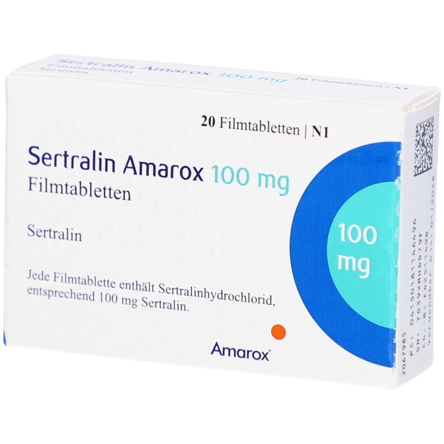 Schachtel mit SERTRALIN Amarox 100 mg Filmtabletten. Aufschrift: 20 Filmtabletten, 100 mg. Marke Amarox.
