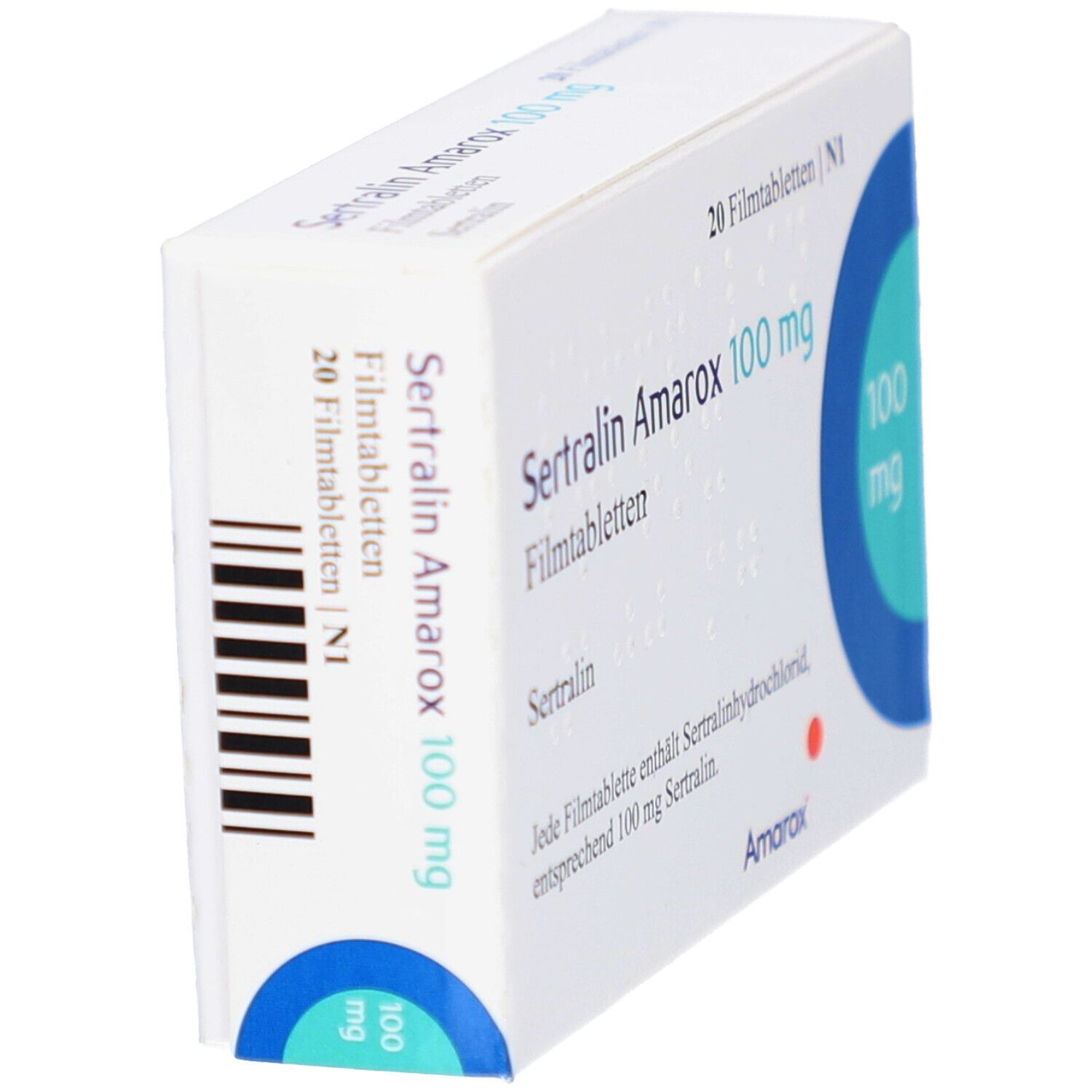 Schachtel SERTRALIN Amarox 100 mg Filmtabletten. Aufschrift: 20 Filmtabletten, 100 mg. Barcode und Marke Amarox.