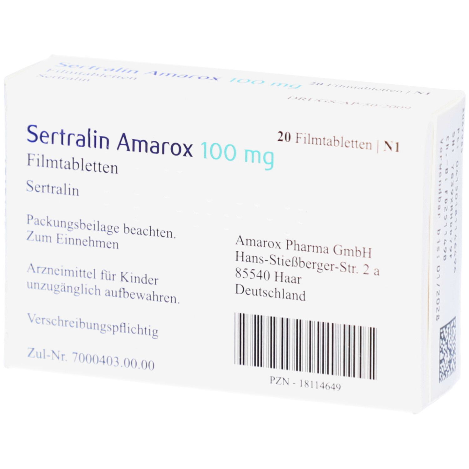 Rückseite der Schachtel SERTRALIN Amarox 100 mg Filmtabletten. Text: Packungsbeilage beachten, Amarox Pharma GmbH, Barcode.