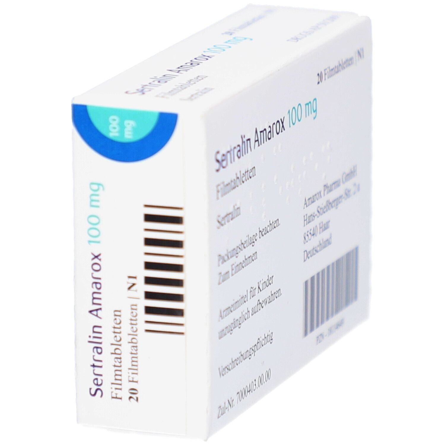 Schachtel SERTRALIN Amarox 100 mg Filmtabletten. Aufschrift: 20 Filmtabletten, 100 mg. Barcode und Marke Amarox.