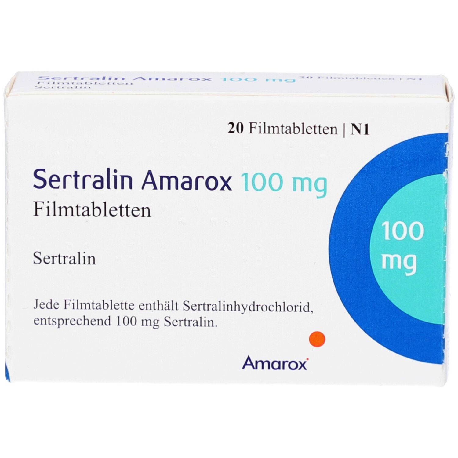 Schachtel mit SERTRALIN Amarox 100 mg Filmtabletten. Aufschrift: 20 Filmtabletten, 100 mg. Marke Amarox.