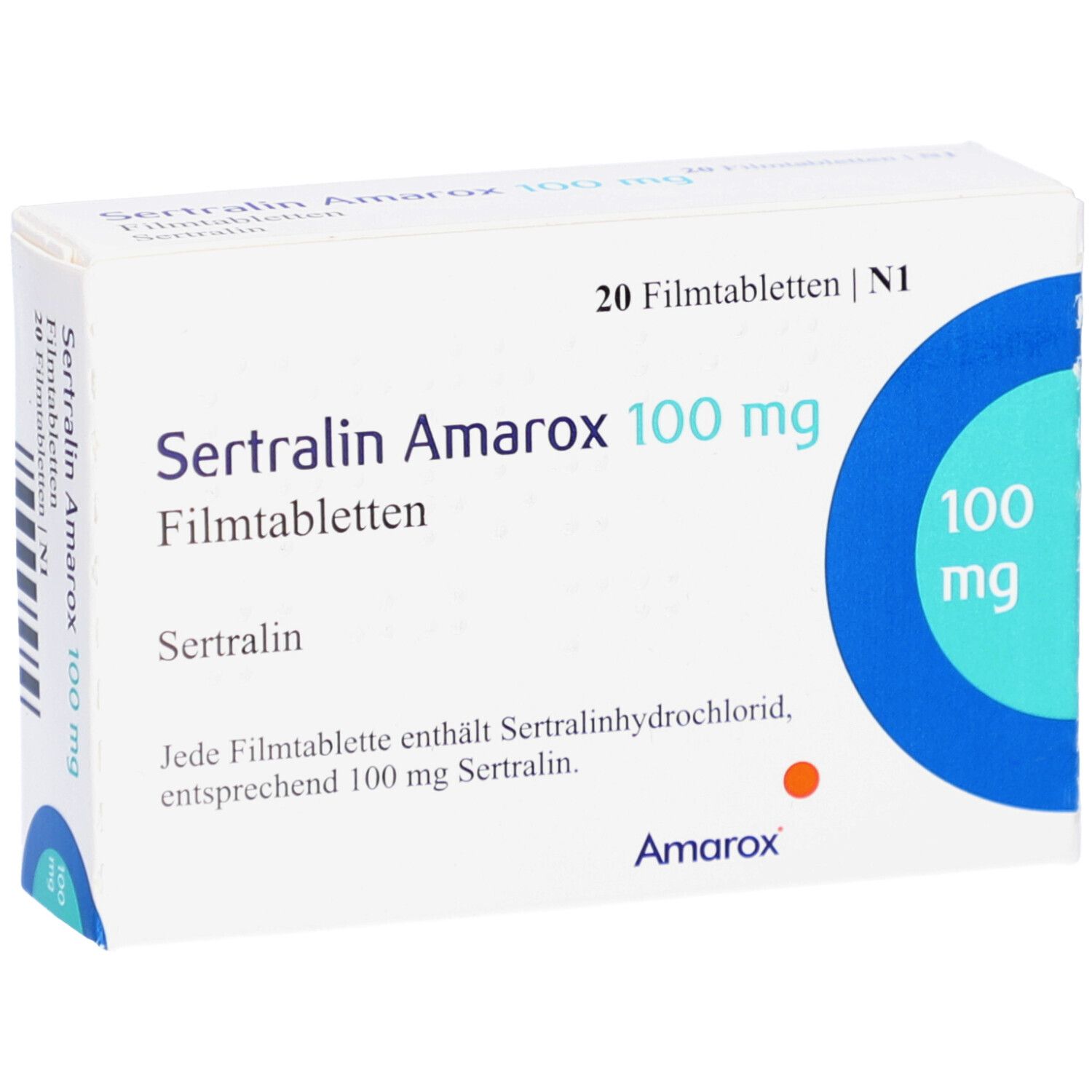 Schachtel mit SERTRALIN Amarox 100 mg Filmtabletten. Aufschrift: 20 Filmtabletten, 100 mg. Marke Amarox.