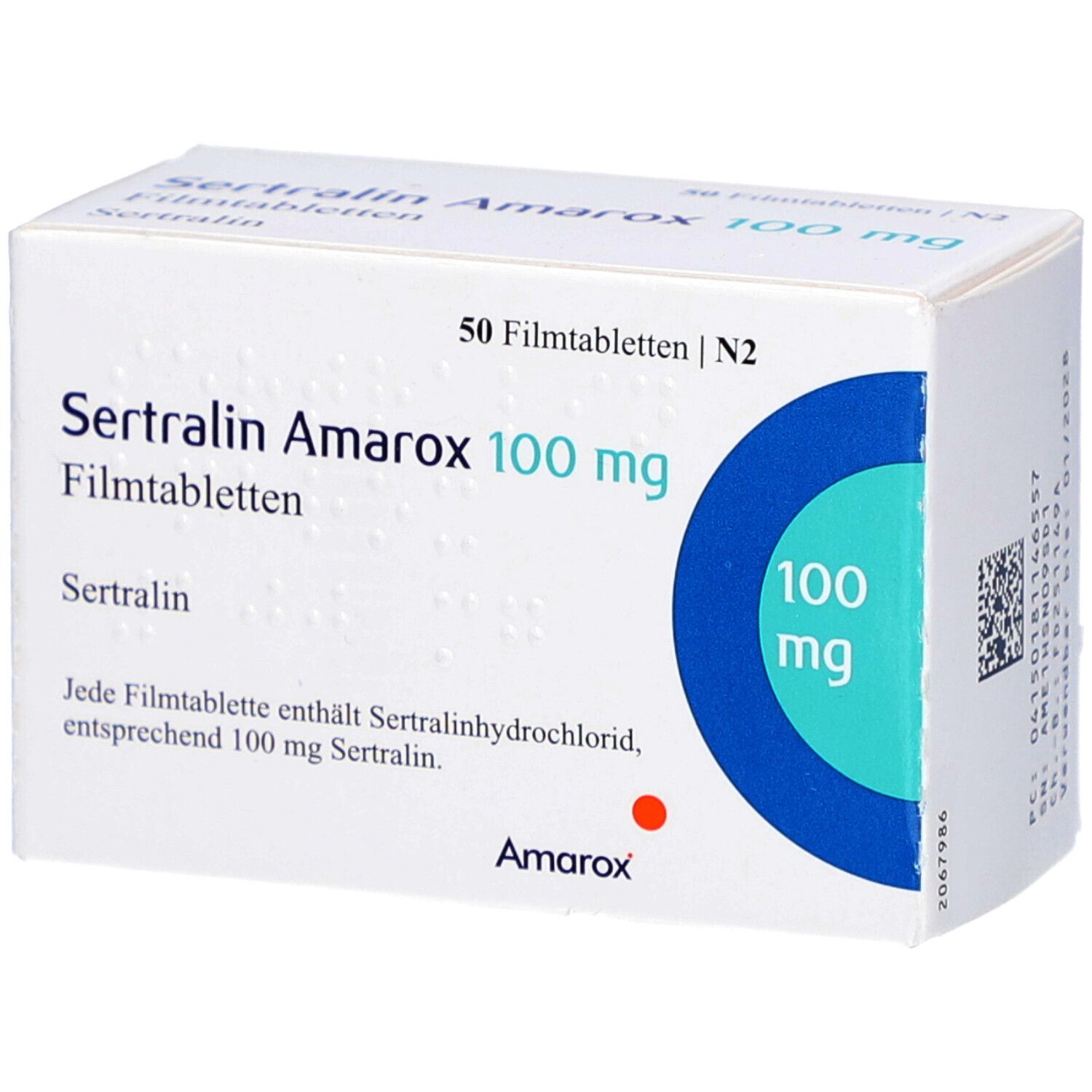 Weiße Schachtel mit SERTRALIN Amarox 100 mg Filmtabletten. Blaue Kreise mit 100 mg. 50 Filmtabletten. Amarox Logo.