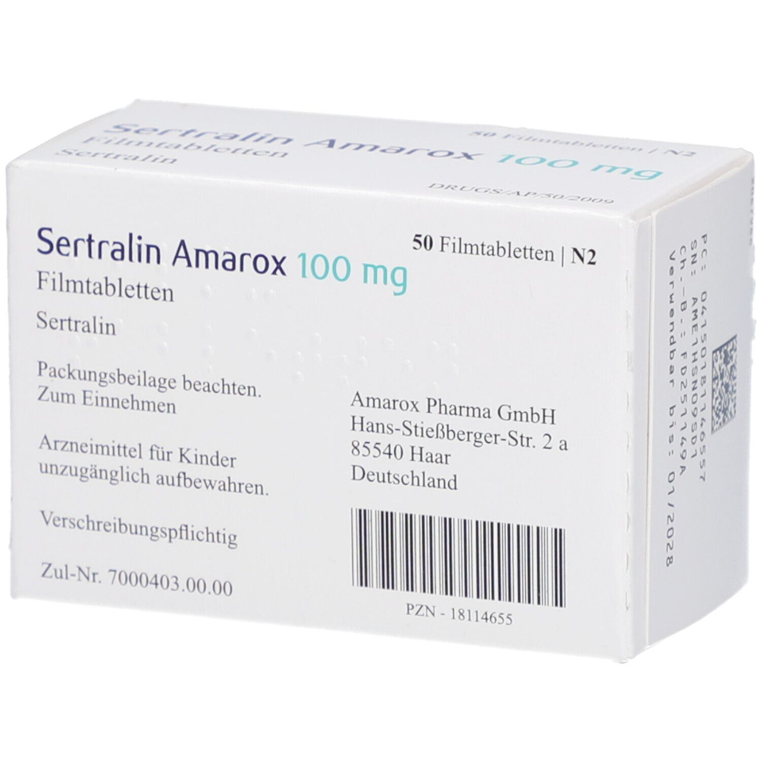 Weiße Schachtel SERTRALIN Amarox 100 mg Filmtabletten. Text auf der Verpackung. 50 Filmtabletten. Herstelleradresse.