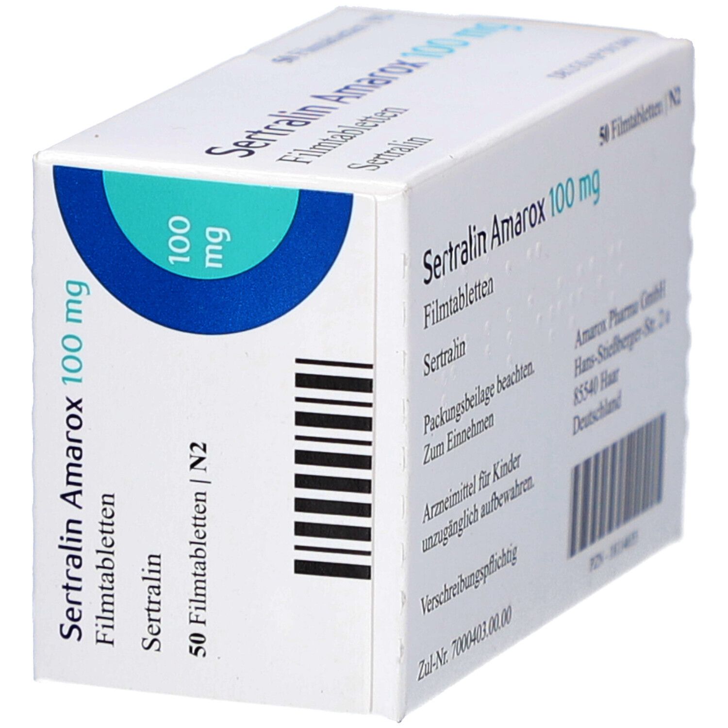 Schachtel SERTRALIN Amarox 100 mg Filmtabletten. Blaue Kreise mit 100 mg. 50 Filmtabletten. Text auf der Verpackung.