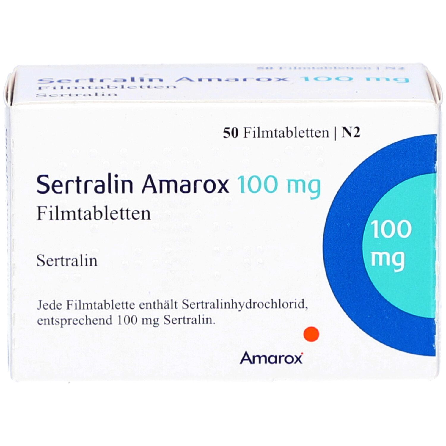 Weiße Schachtel SERTRALIN Amarox 100 mg Filmtabletten. Blaue Kreise mit 100 mg. 50 Filmtabletten. Amarox Logo.