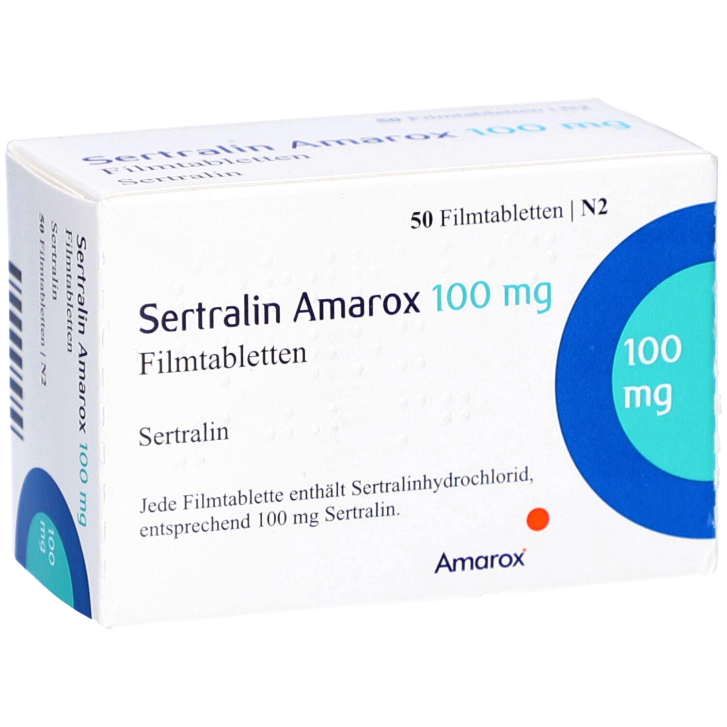 Weiße Schachtel SERTRALIN Amarox 100 mg Filmtabletten. Blaue Kreise mit 100 mg. 50 Filmtabletten. Amarox Logo.