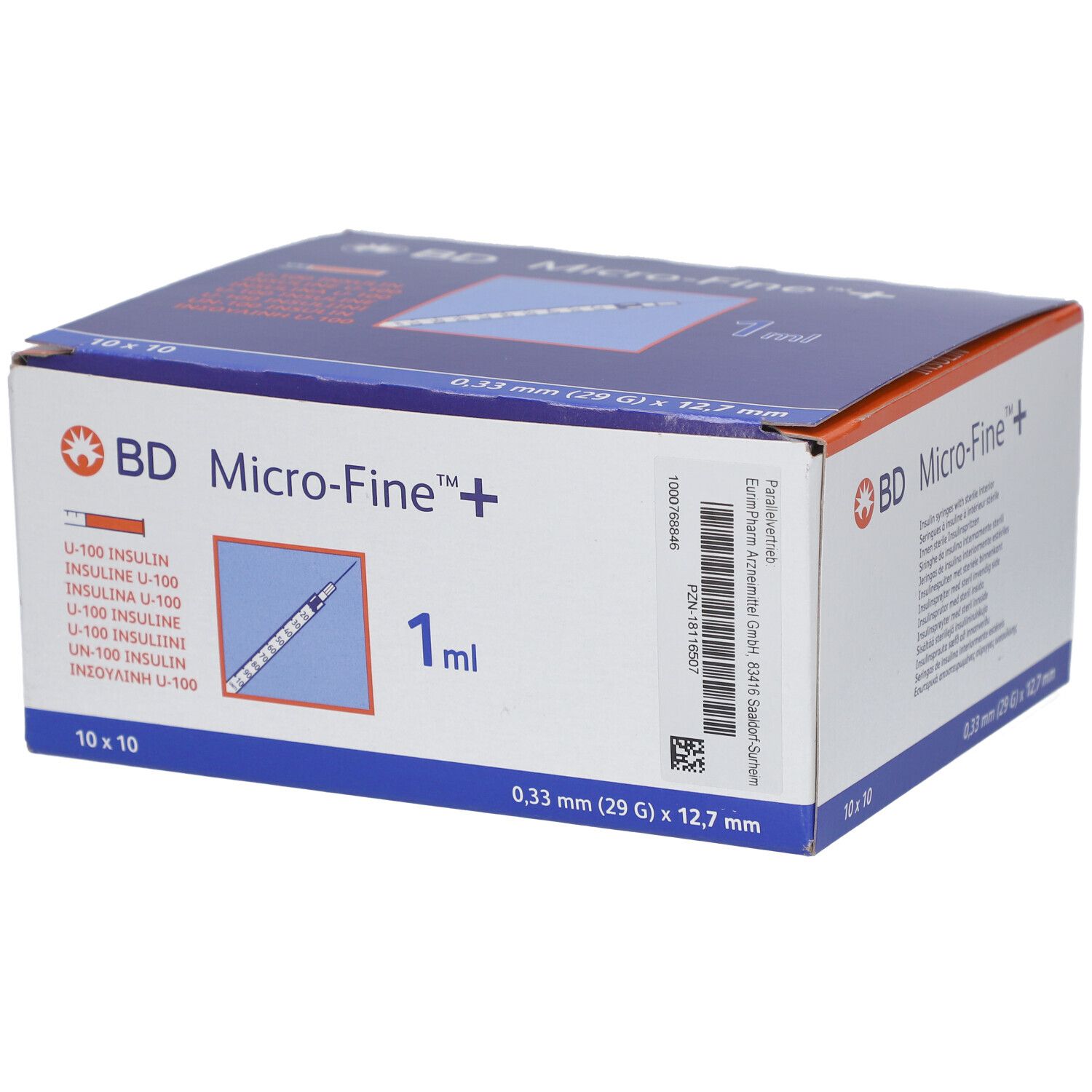 Schachtel mit BD Micro-Fine+ Insulinspr. 1 ml. 10x10 Stück. Nadel 0,33 x 12,7 mm. Aufdrucke: U-100 Insulin, 1 ml.