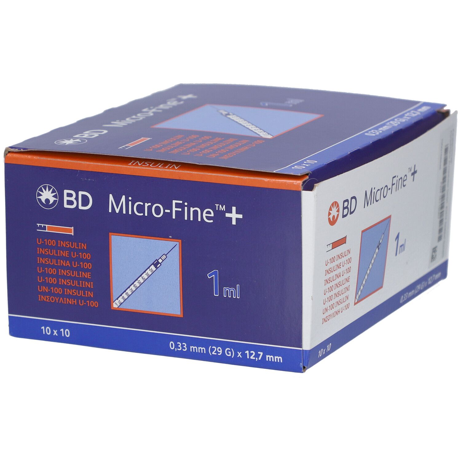 Schachtel mit BD Micro-Fine+ Insulinspr. 1 ml. 10x10 Stück. Nadel 0,33 x 12,7 mm. Aufdrucke: U-100 Insulin, 1 ml.