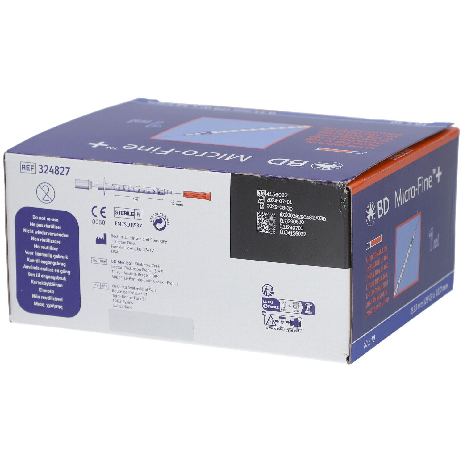 Rückseite der Schachtel mit BD Micro-Fine+ Insulinspr. 1 ml. Aufdrucke: CE-Kennzeichnung, Steril, Chargennummer, Hersteller.