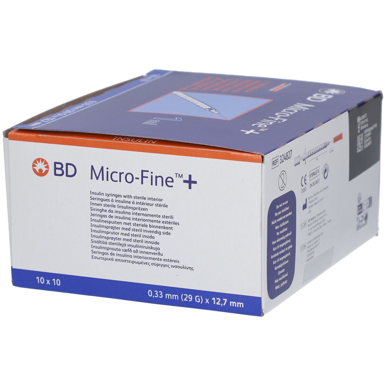 Schachtel mit BD Micro-Fine+ Insulinspr. 1 ml. 10x10 Stück. Nadel 0,33 x 12,7 mm. Aufdrucke: U-100 Insulin, 1 ml.