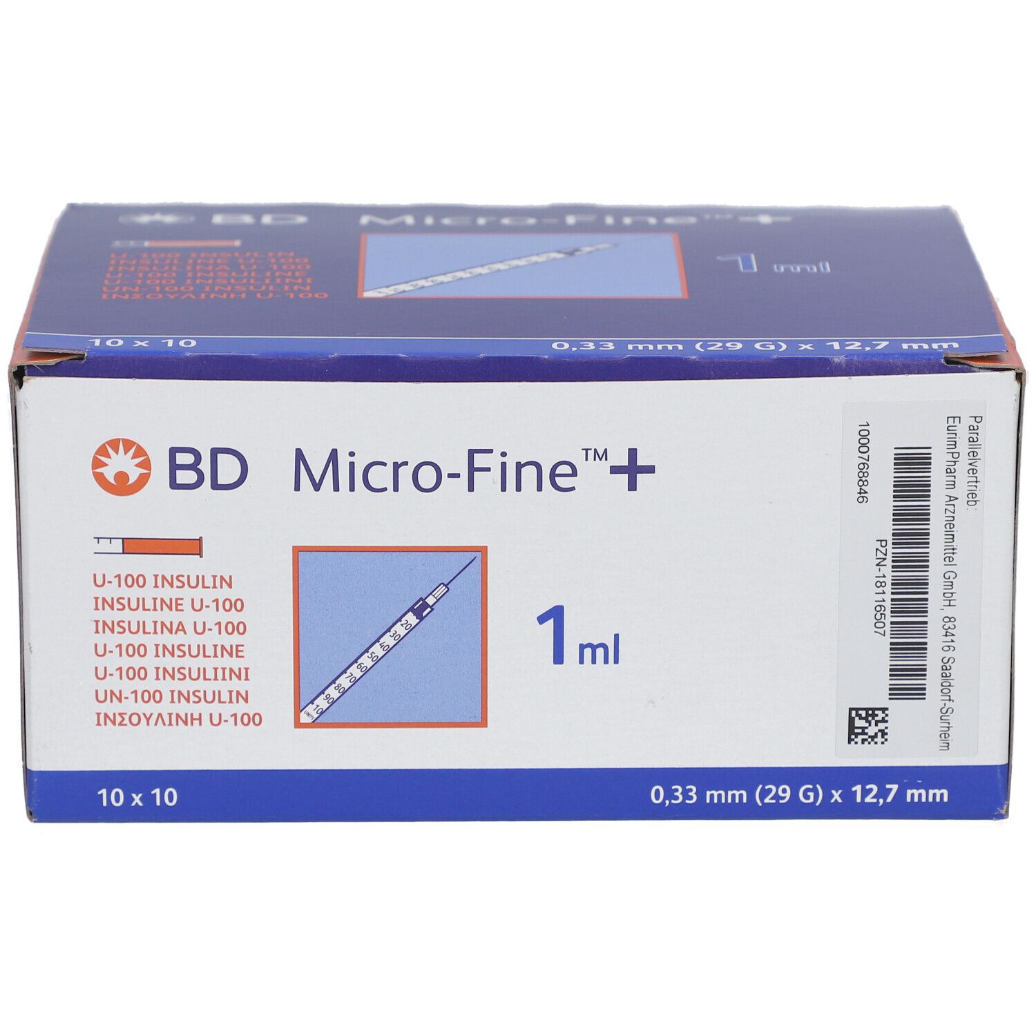 Schachtel mit BD Micro-Fine+ Insulinspr. 1 ml. 10x10 Stück. Nadel 0,33 x 12,7 mm. Aufdrucke: U-100 Insulin, 1 ml.