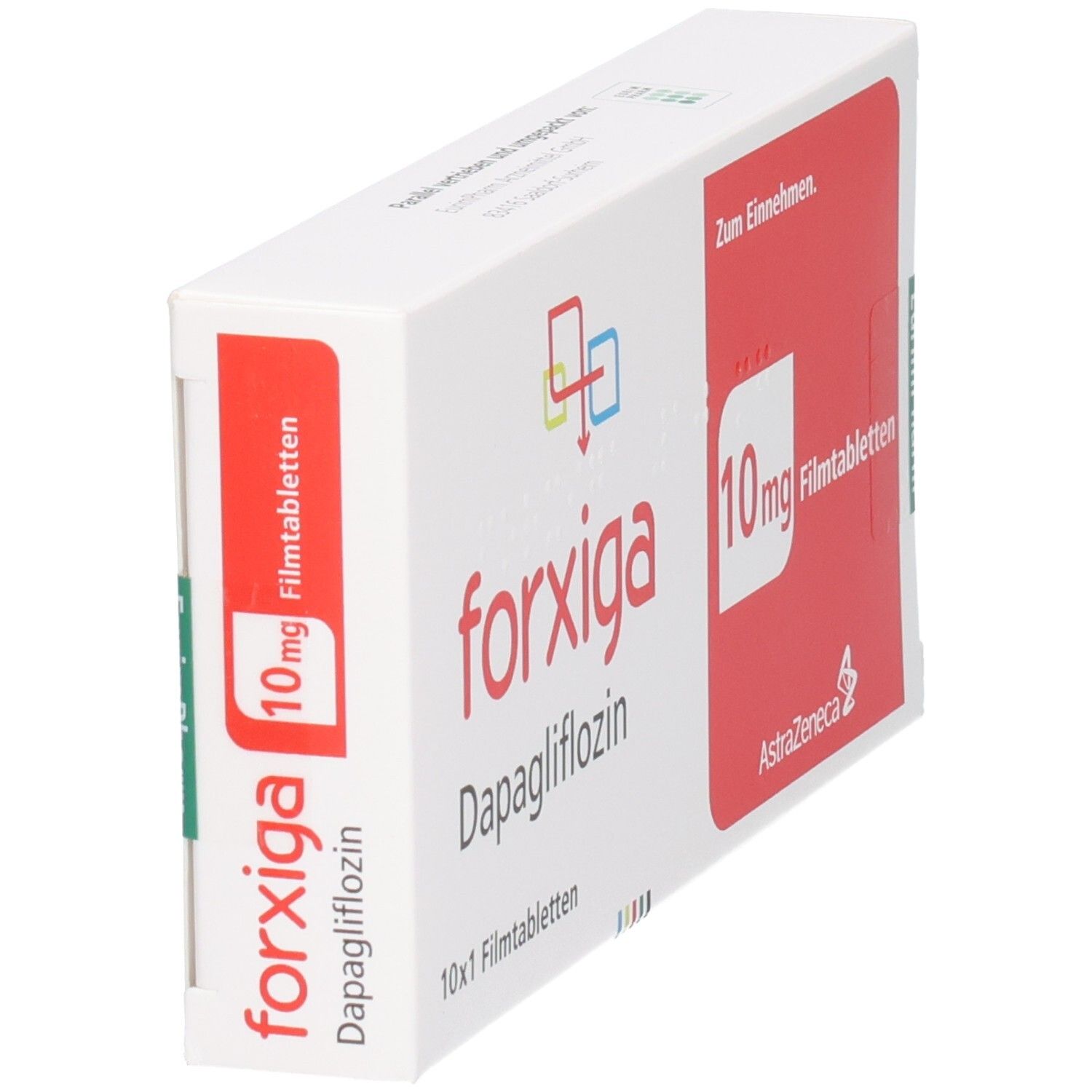 Forxiga 10 mg Filmtabletten Verpackung, seitliche Ansicht.