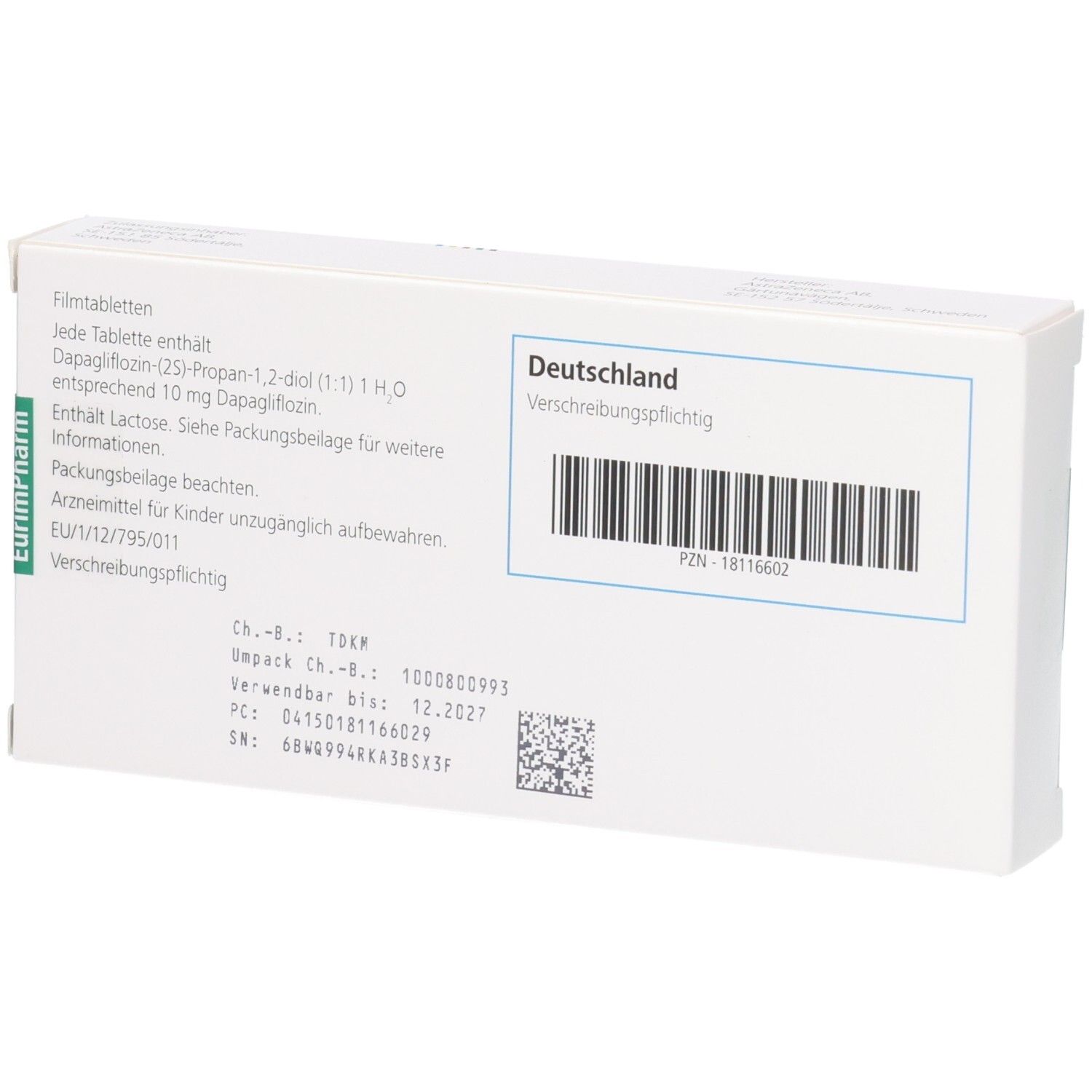 Rückseite der Forxiga 10 mg Filmtabletten Verpackung mit Produktinformationen.