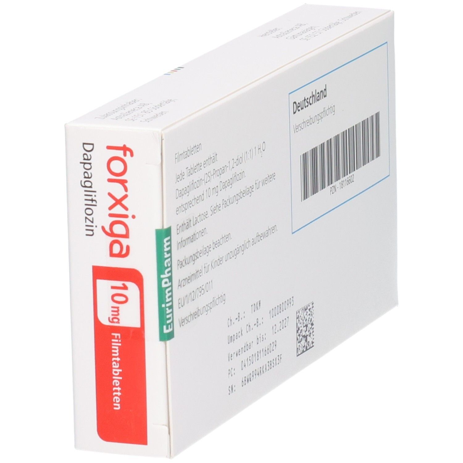 Forxiga 10 mg Filmtabletten Verpackung, schräge Seitenansicht.