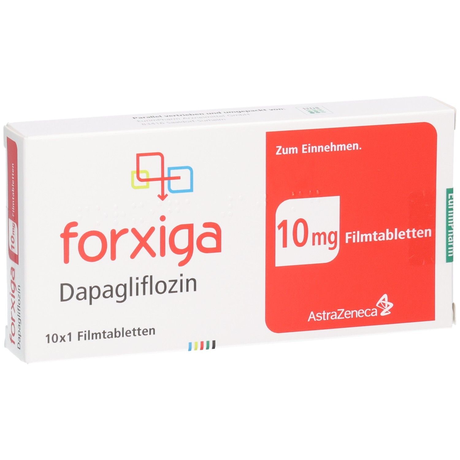 Forxiga 10 mg Filmtabletten Verpackung, Vorderseite.