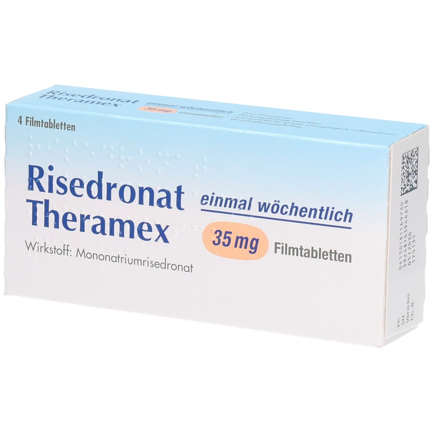 Schachtel mit RISEDRONAT Theramex 35 mg Filmtabl. Aufschrift: 4 Filmtabletten. Wirkstoff: Mononatriumrisedronat. Einmal wöchentlich.