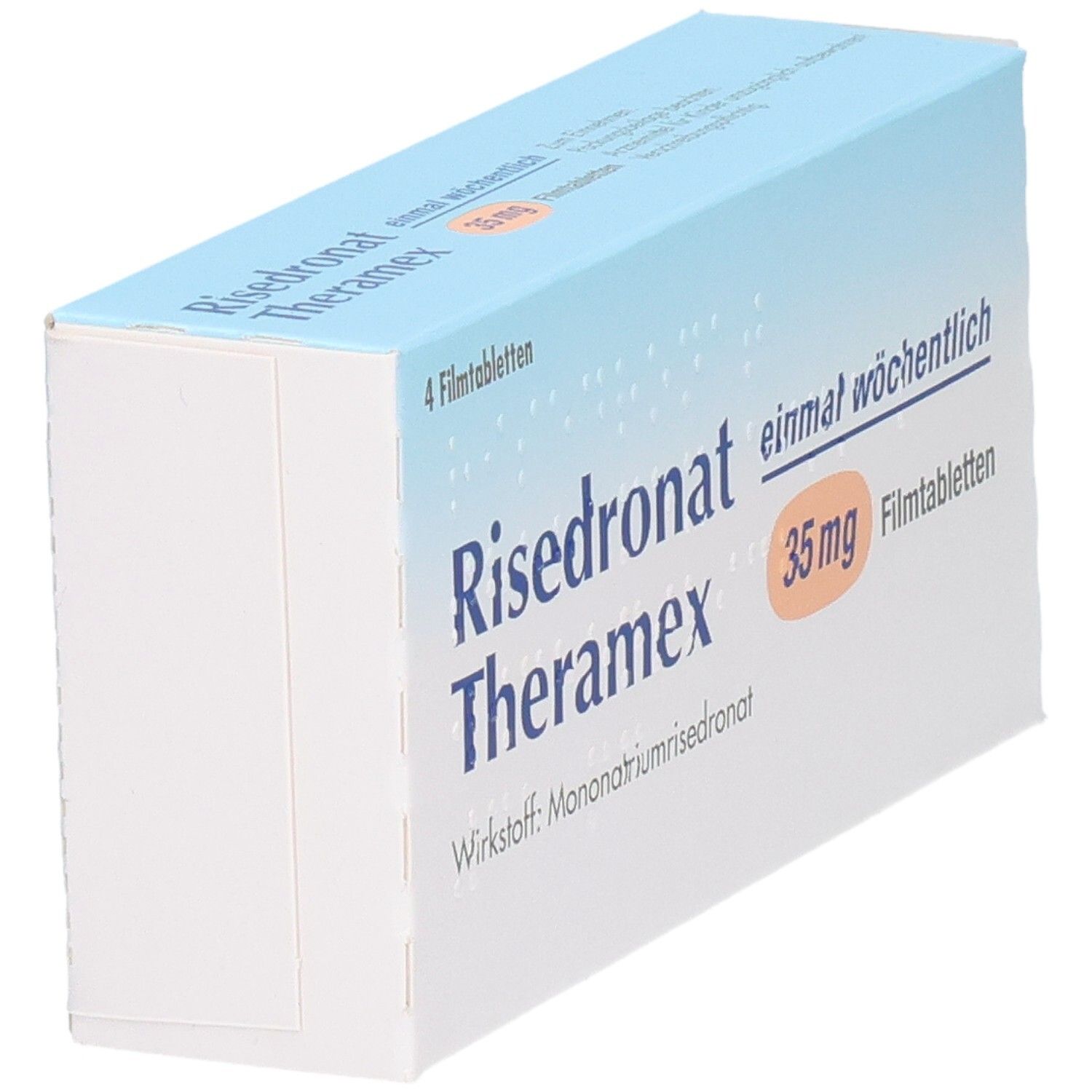 Schachtel RISEDRONAT Theramex 35 mg Filmtabl. Aufschrift: 4 Filmtabletten. Einmal wöchentlich. Wirkstoff: Mononatriumrisedronat.