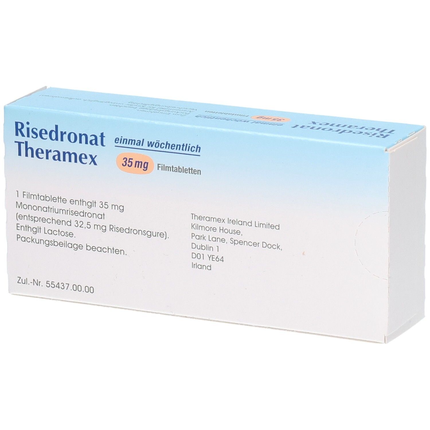 Schachtel RISEDRONAT Theramex 35 mg Filmtabl. Aufschrift: 1 Filmtablette enthält 35 mg. Wirkstoff: Mononatriumrisedronat. Adresse: Theramex Ireland Limited.