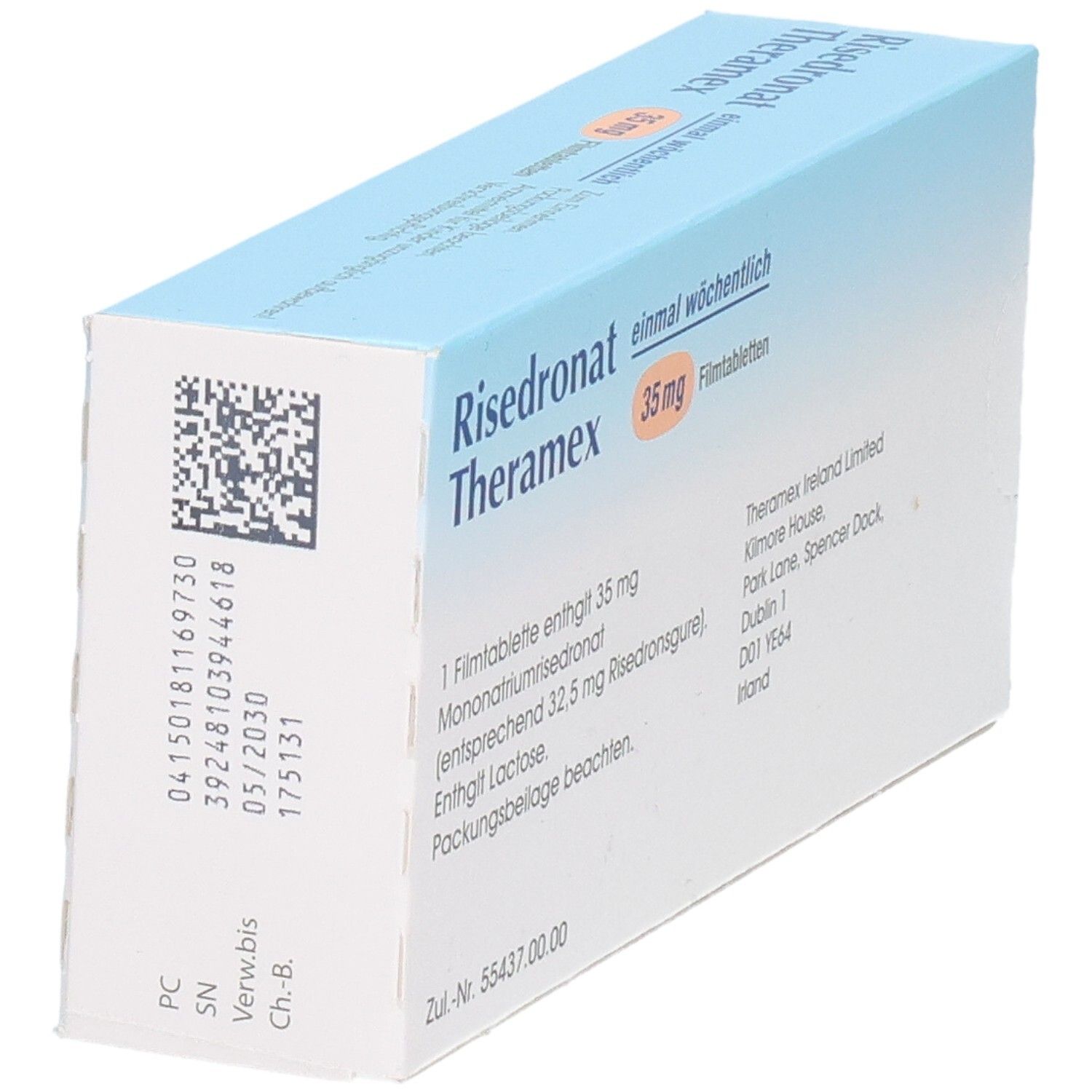 Schachtel RISEDRONAT Theramex 35 mg Filmtabl. Aufschrift: 1 Filmtablette enthält 35 mg. QR-Code. Adresse: Theramex Ireland Limited.