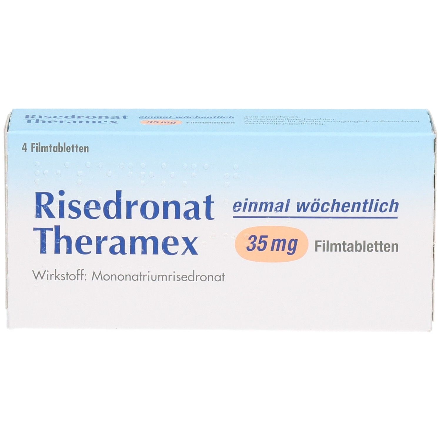 Schachtel RISEDRONAT Theramex 35 mg Filmtabl. Aufschrift: 4 Filmtabletten. Wirkstoff: Mononatriumrisedronat. Einmal wöchentlich.