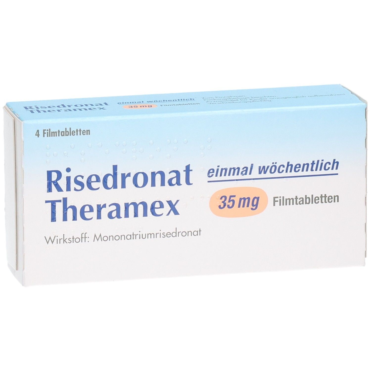 Schachtel RISEDRONAT Theramex 35 mg Filmtabl. Aufschrift: 4 Filmtabletten. Wirkstoff: Mononatriumrisedronat. Einmal wöchentlich.