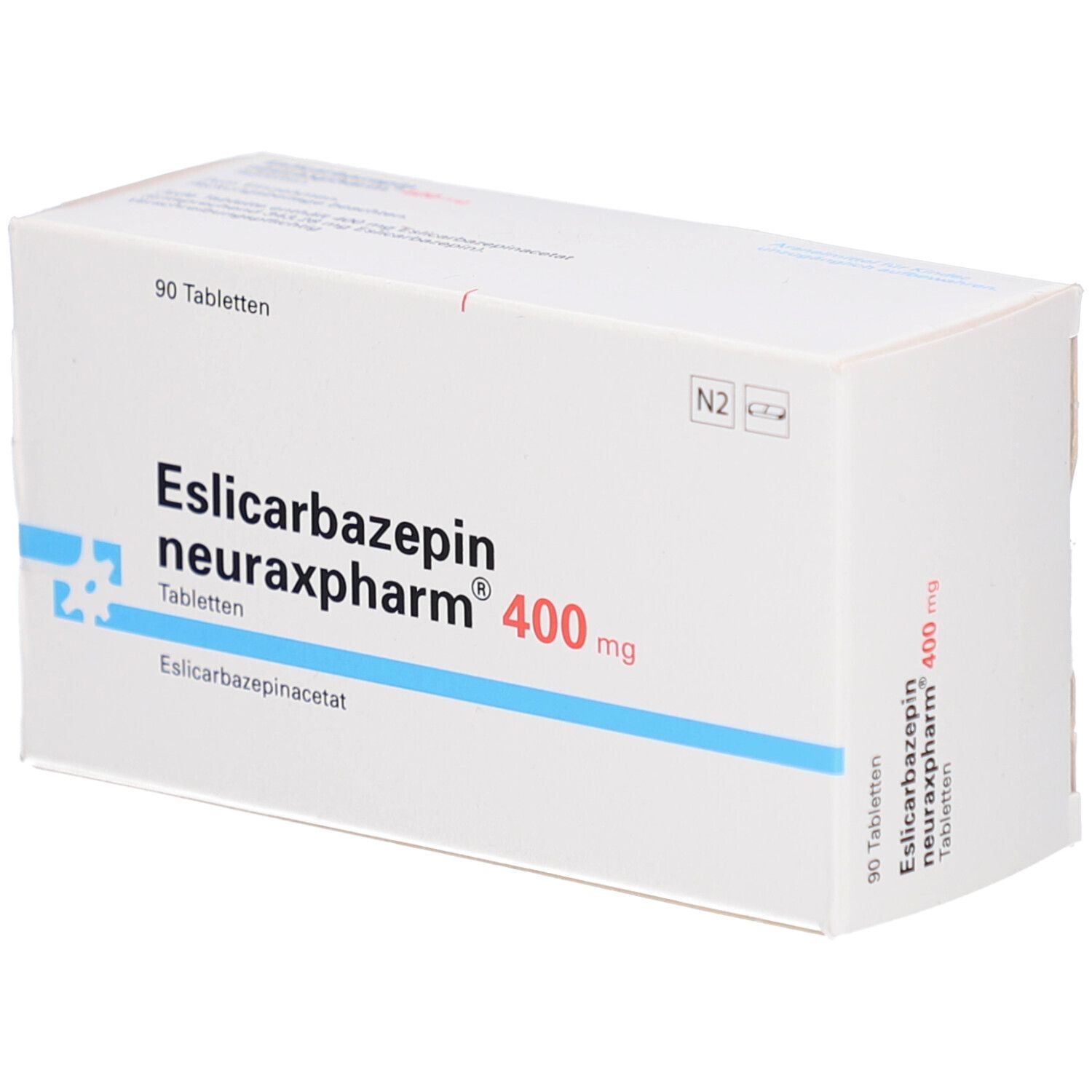 Weiße Faltschachtel mit blauer Linie. Aufdruck: Eslicarbazepin neuraxpharm 400 mg Tabletten. 90 Tabletten.