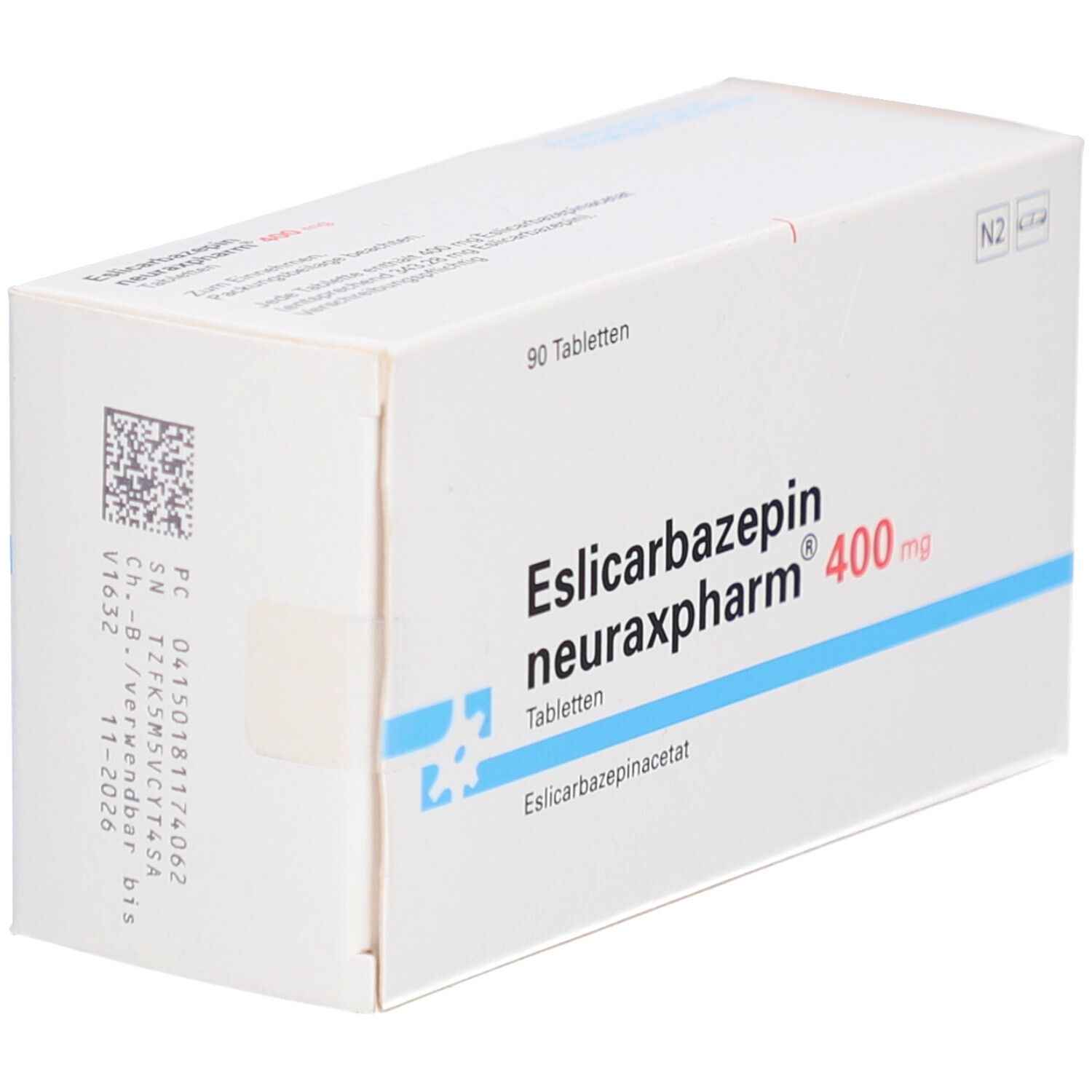 Weiße Faltschachtel mit Aufdruck: Eslicarbazepin neuraxpharm 400 mg Tabletten. 90 Tabletten. Barcode und Chargennummer.